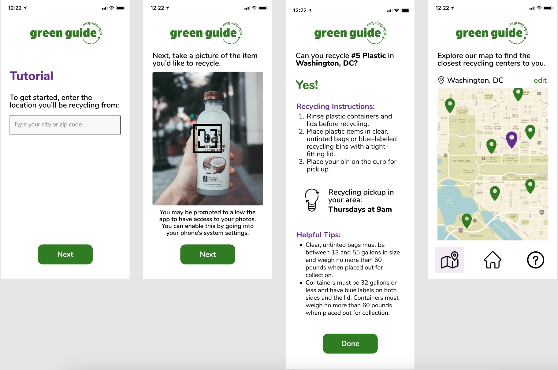 Mockups for Green Guide tutorial, resource, and map pages