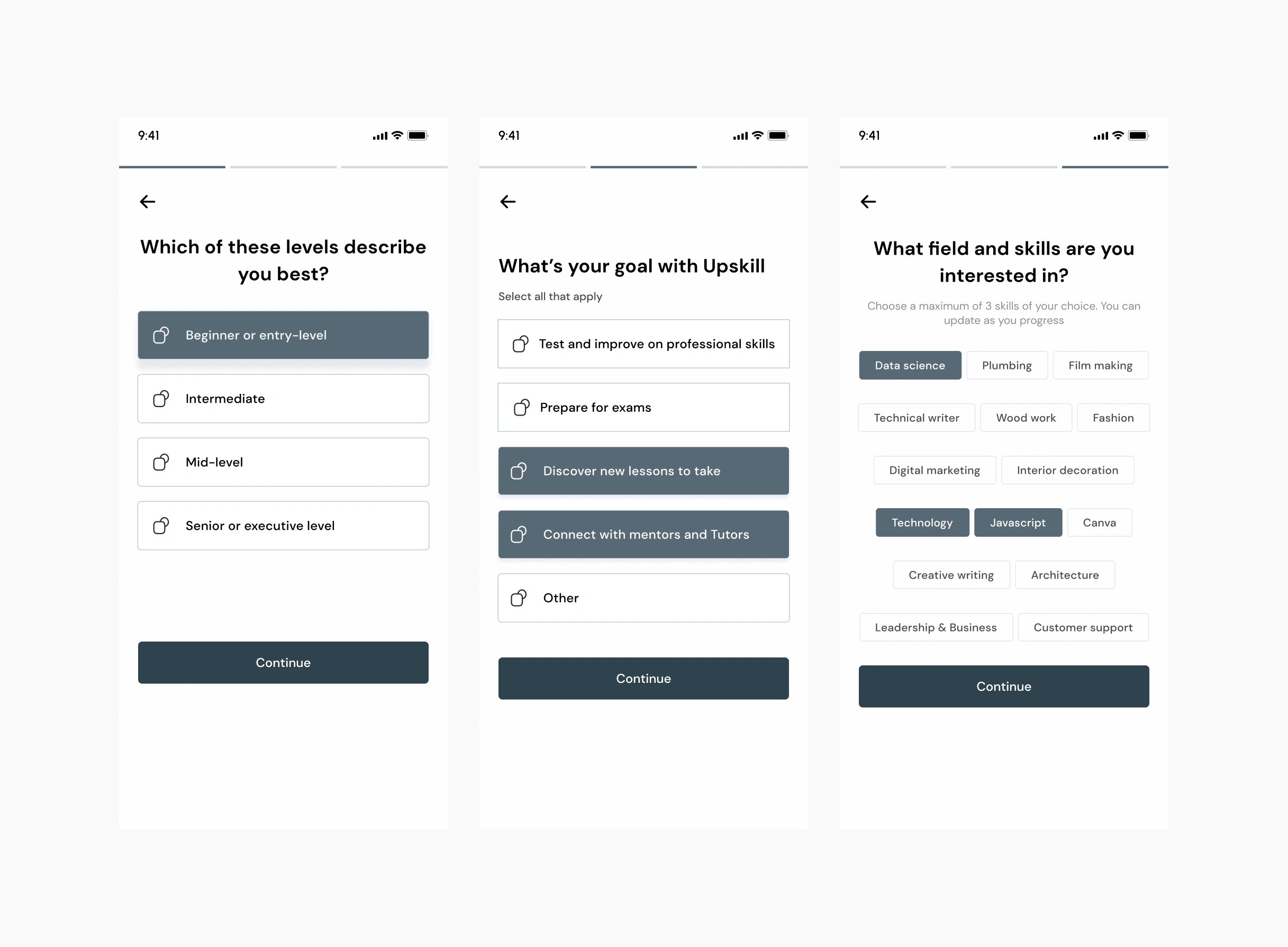 Onboarding screens for Upskill App