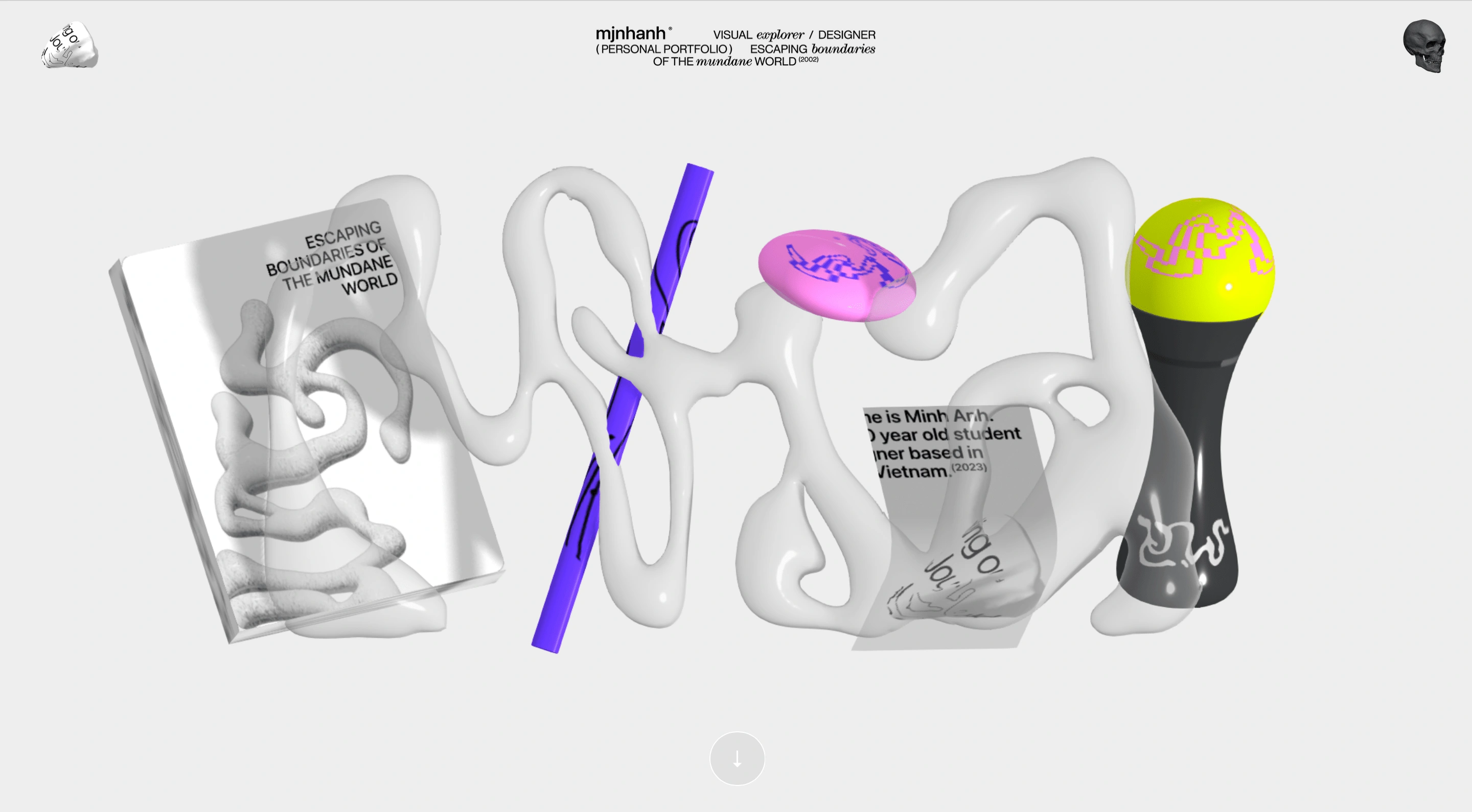 The homepage features a 3D interaction.