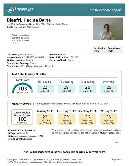 My TOEFL scores