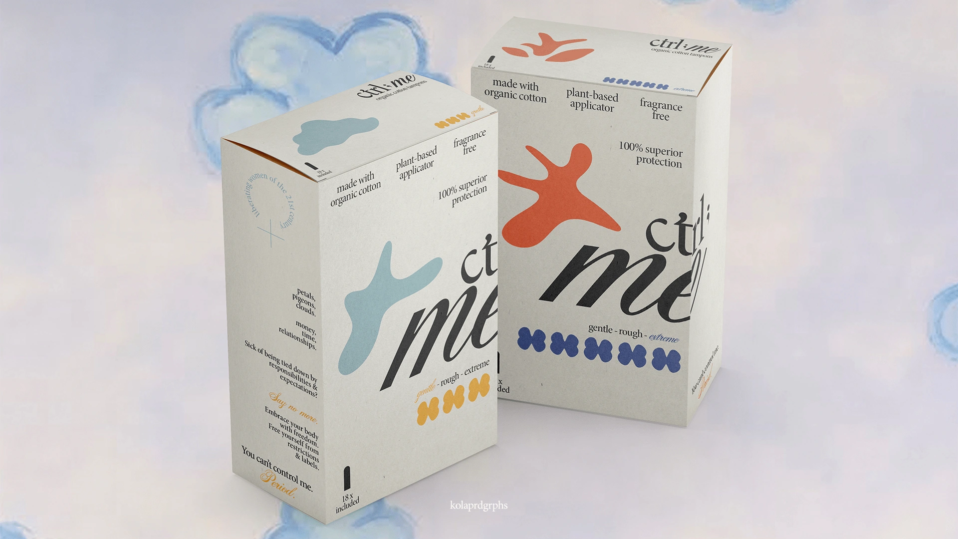 ctrl; me tampon box packaging (L) gentle cloud ver. (R) extreme petal ver.