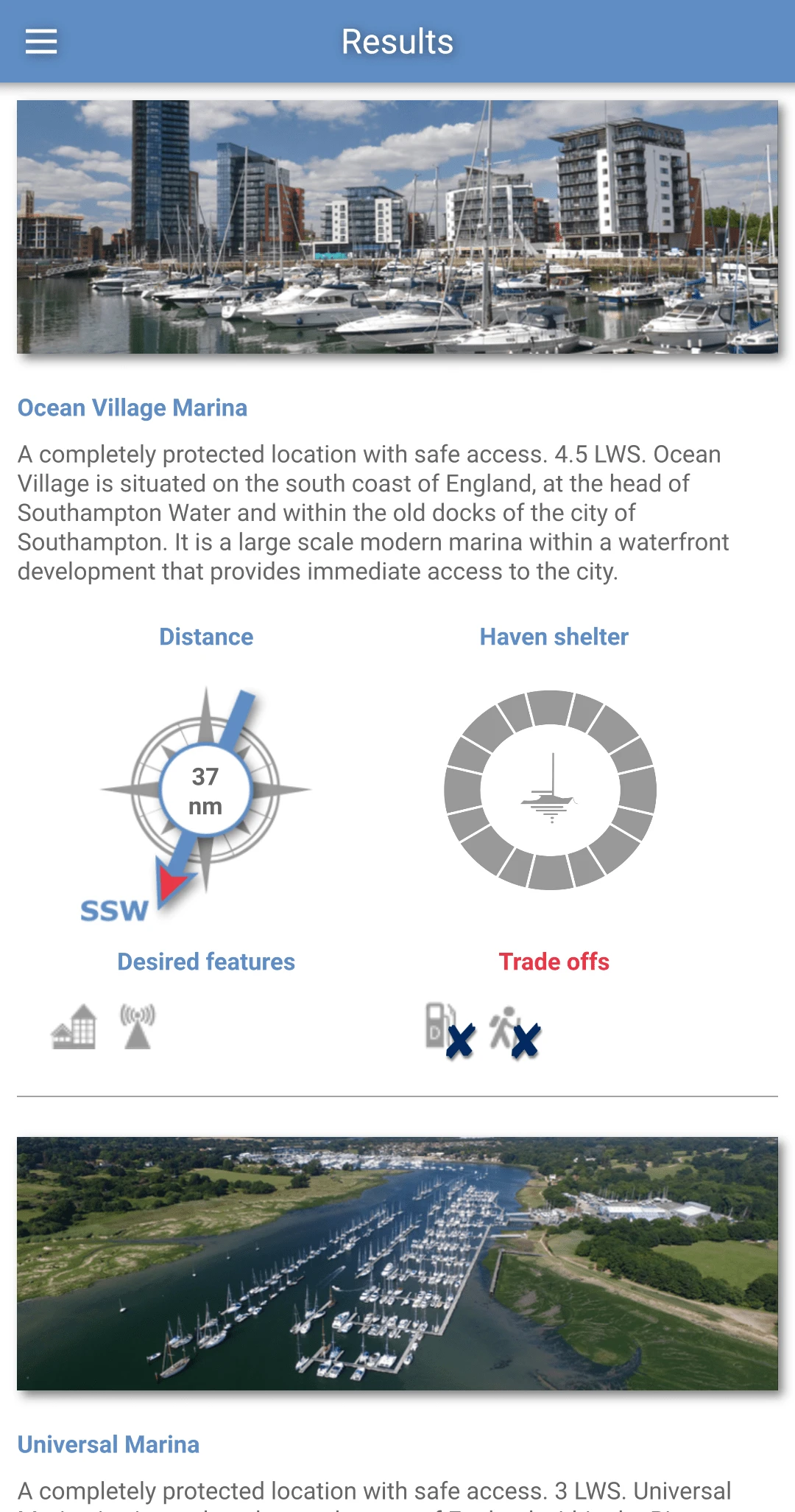 eOceanic features a comprehensive search system, allowing sailors to find safe haven in dangerous conditions