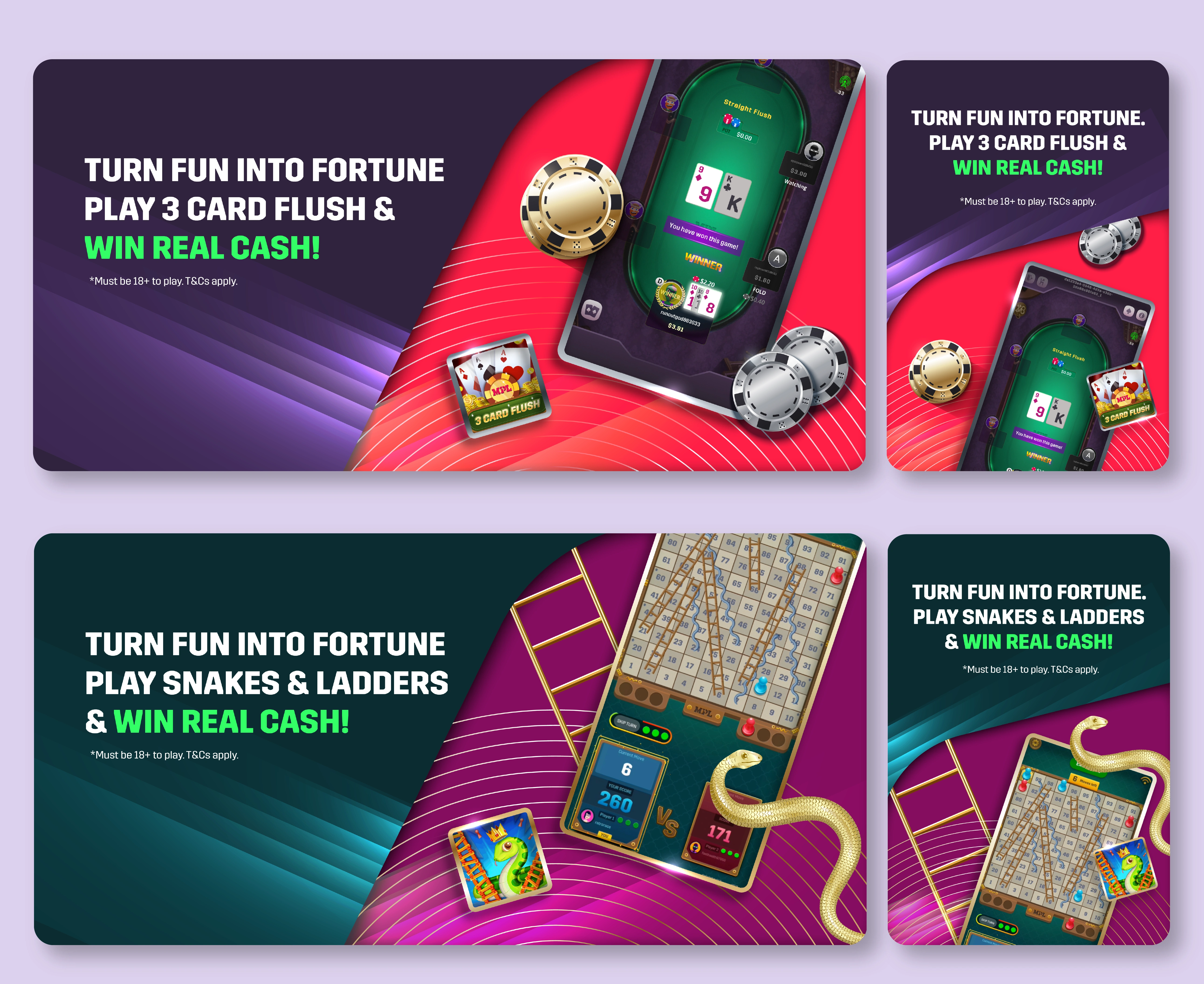 Some desktop and mobile versions of landing page banners of an online Snakes&Ladders game.