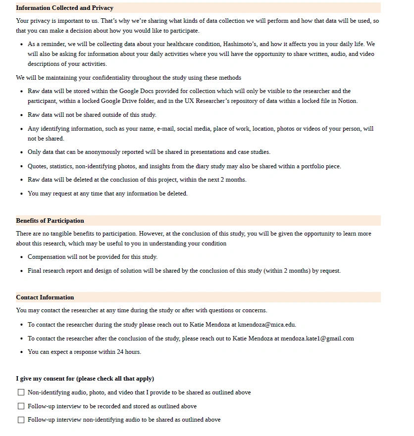 Informed consent document shared to all participants prior to beginning the study