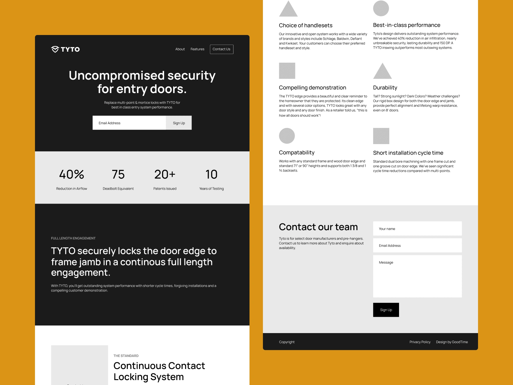 The black and white medium fidelity mockups for the landing page.