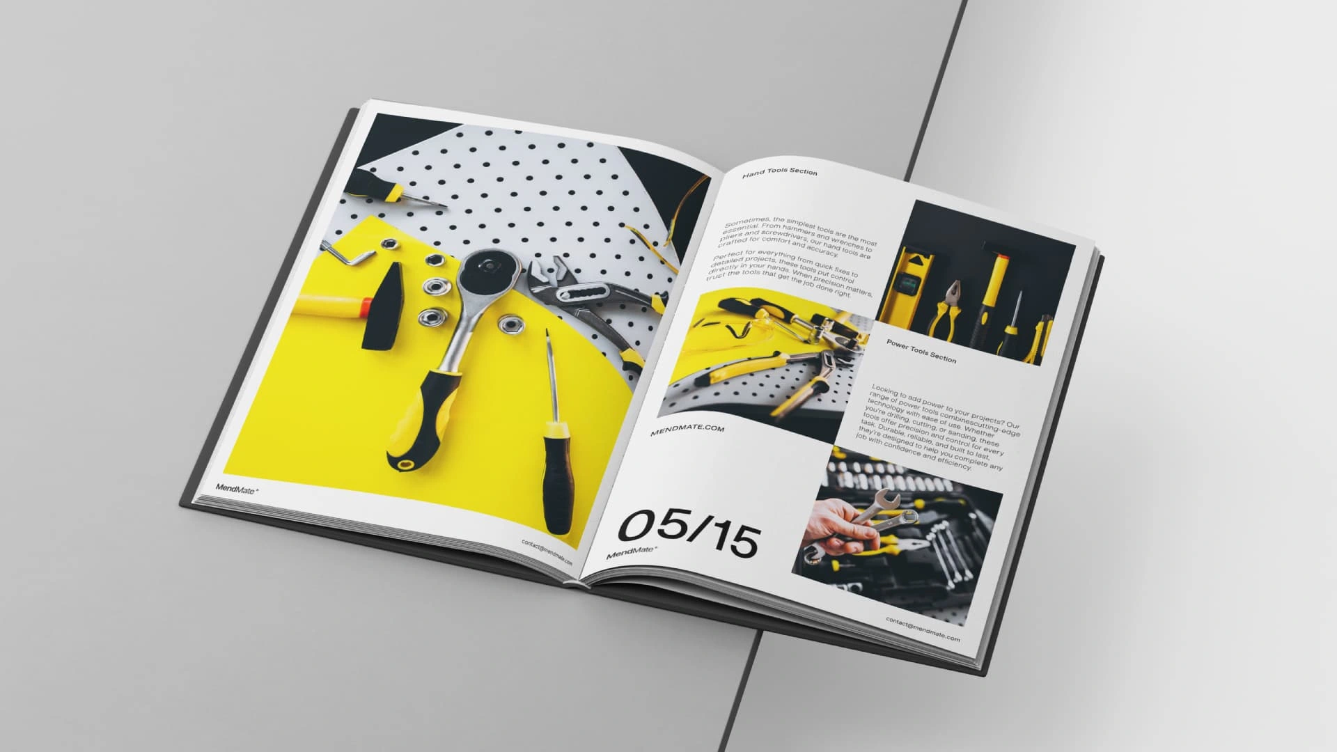 Bold, clean, and impactful — this tool guide brings Mendmate’s professional edge to life. The vibrant yellow accents draw attention to essential hand and power tools, making each page both informative and visually engaging. Perfect for DIY enthusiasts and pros alike, it’s a showcase of quality tools that get the job done with style