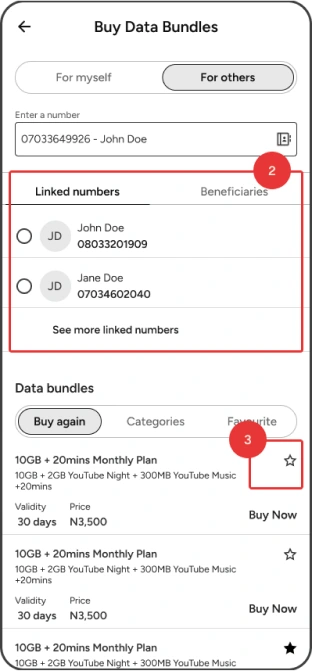 “Buy for others” page shows linked numbers and beneficiaries for quick selection and ultimately a shorter process to purchase data.
