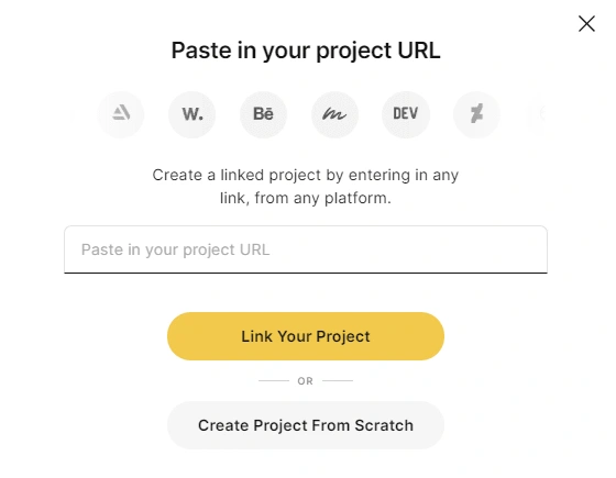 Project creation pop-up