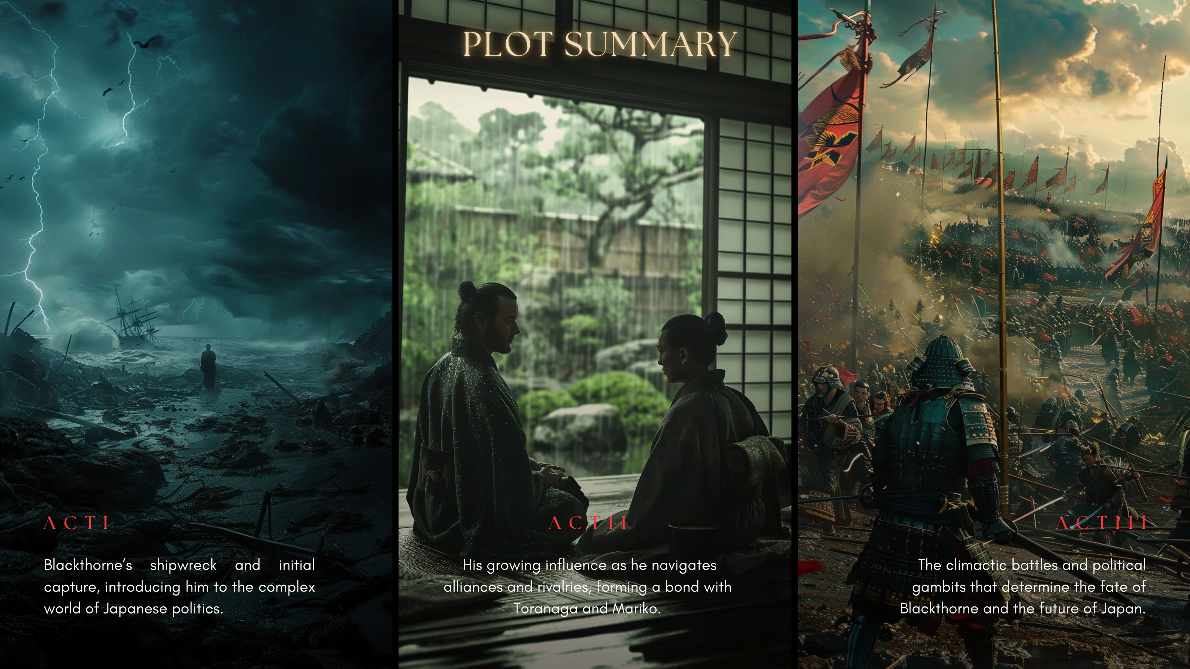 From the intense battles of samurai warriors to the serene beauty of traditional Japanese gardens, each visual captures the essence of Shogun’s core themes: cultural clash, power struggles, and resilience.​​​​​​​