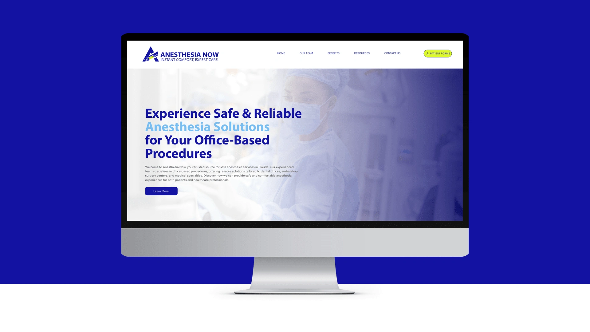 Wix Studio design by Collette Collabs. 'Anesthesia Now' blends modern aesthetics with functionality, defining the future of medical services with a focus on innovation and patient care.