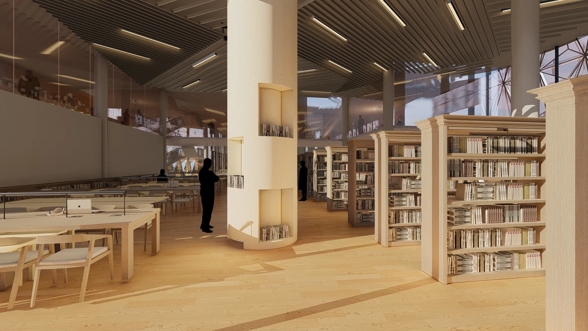 Interior view of the library and book shelfs