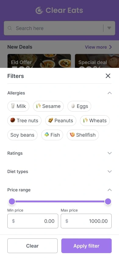 Customers are able to filter out the menu items based upon their selected allergens, diet type.