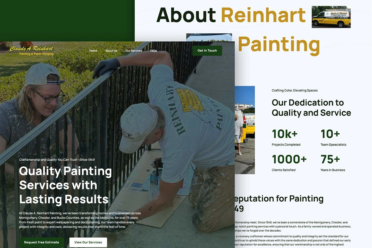 Home page and About Us page mockups on reinhartpainting.com