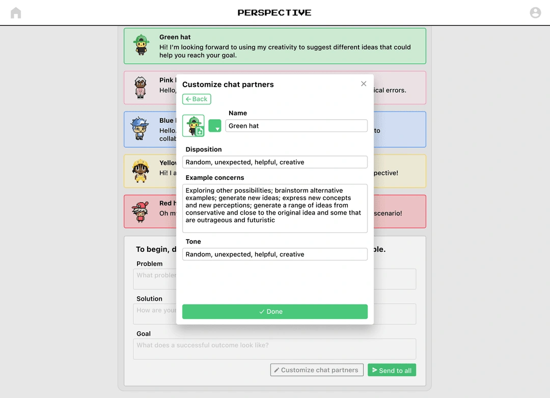 Customize parameters for "disposition" “concerns”, and “tone” of each agent