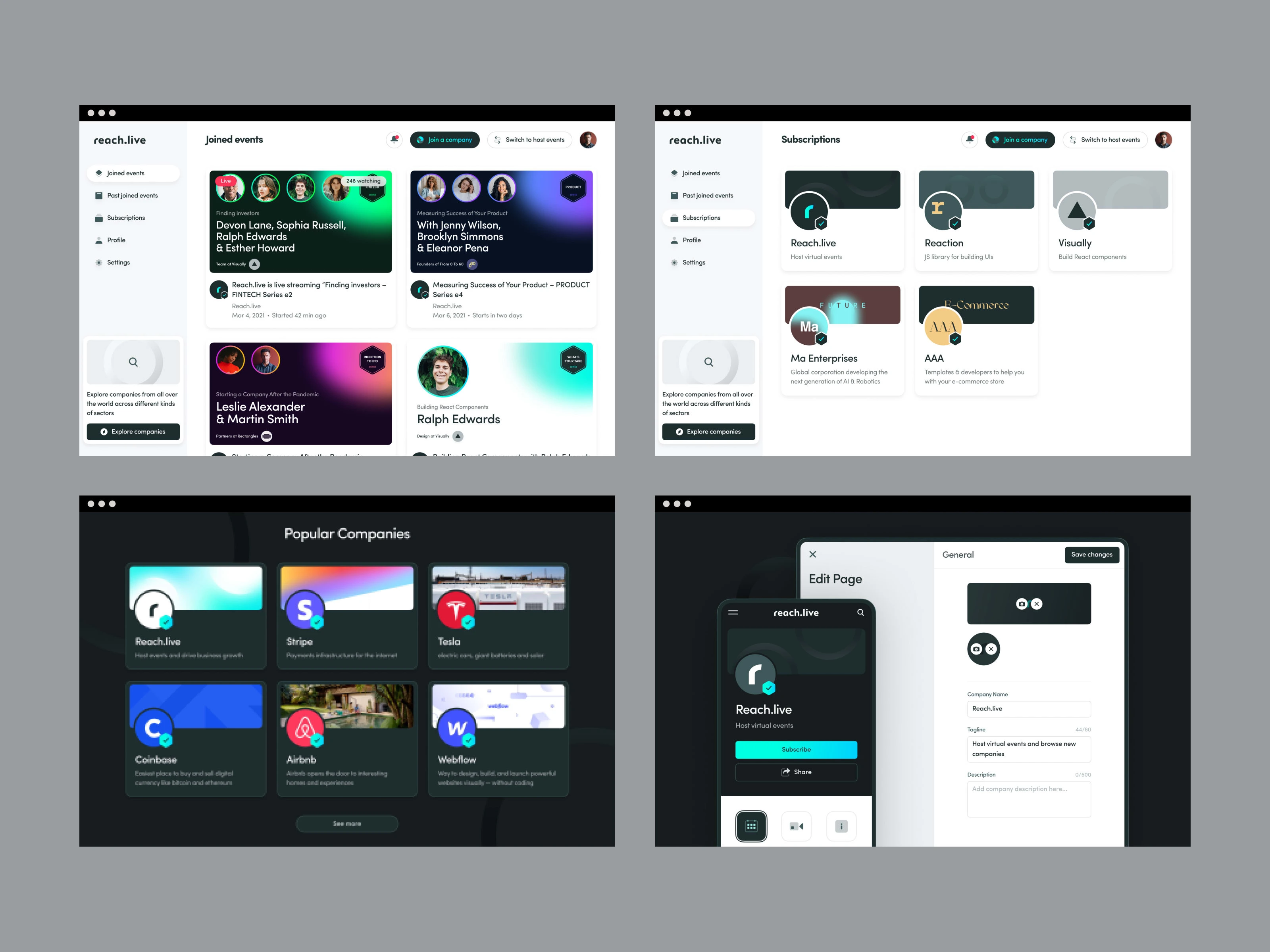 From left to right: attendee dashboard, dashboard subscription, explore page with popular companies and edit profile