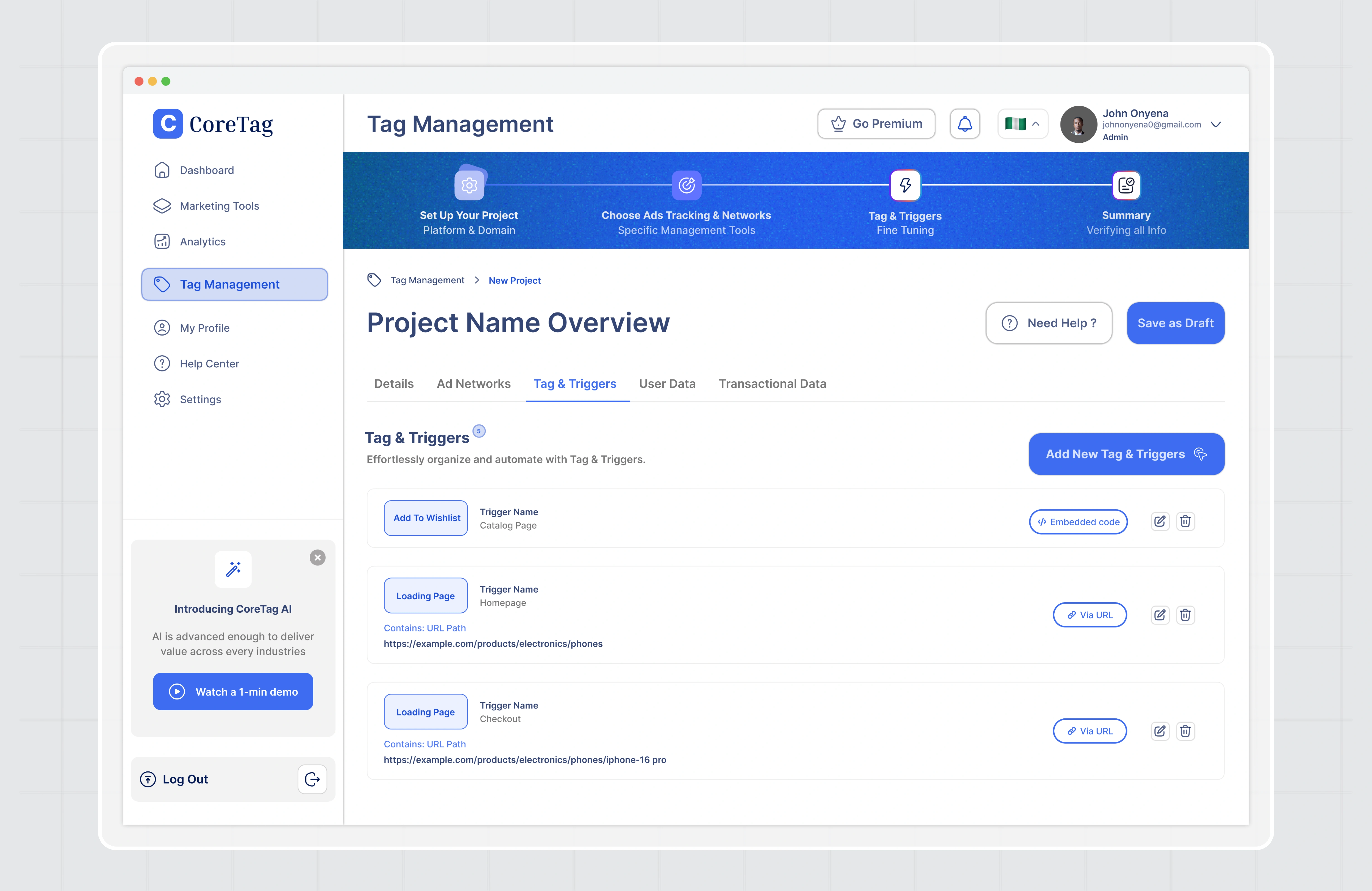 Simplified Data Tracking & Tag Organization
A robust tag management interface that helps marketers efficiently manage tracking codes without technical complexity.