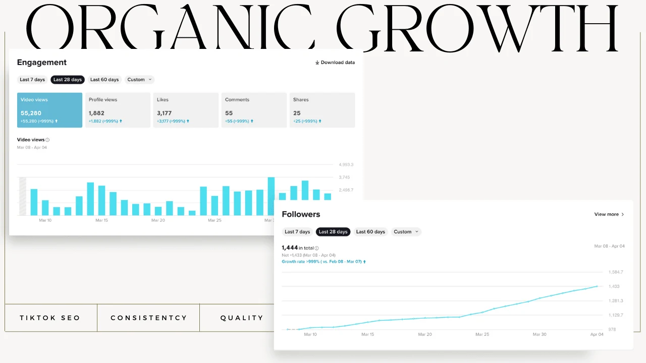 TikTok KPI's showcasing 28 days of engagement growth and follower growth