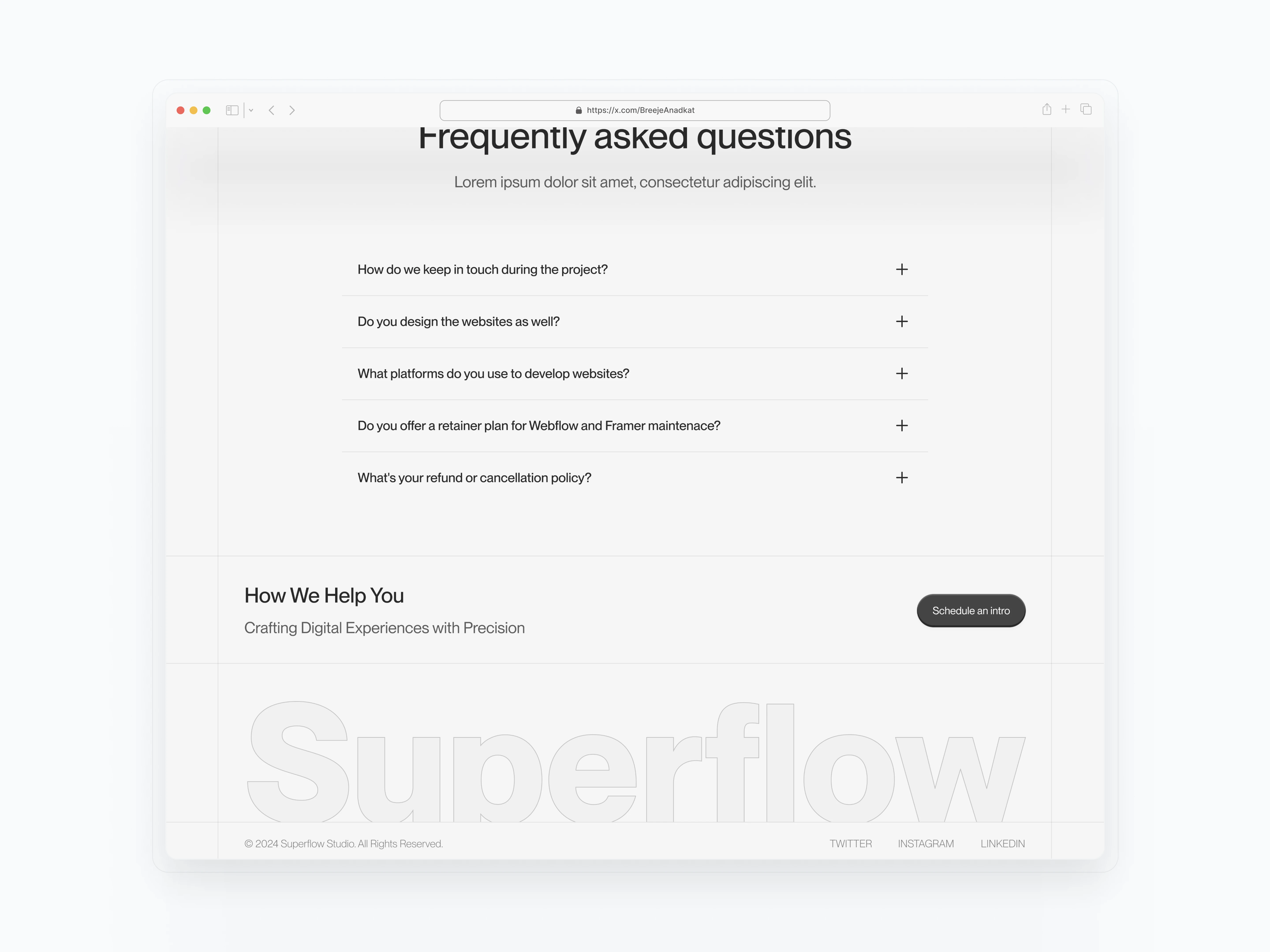 Superflow Studio FAQ+Footer Section Design