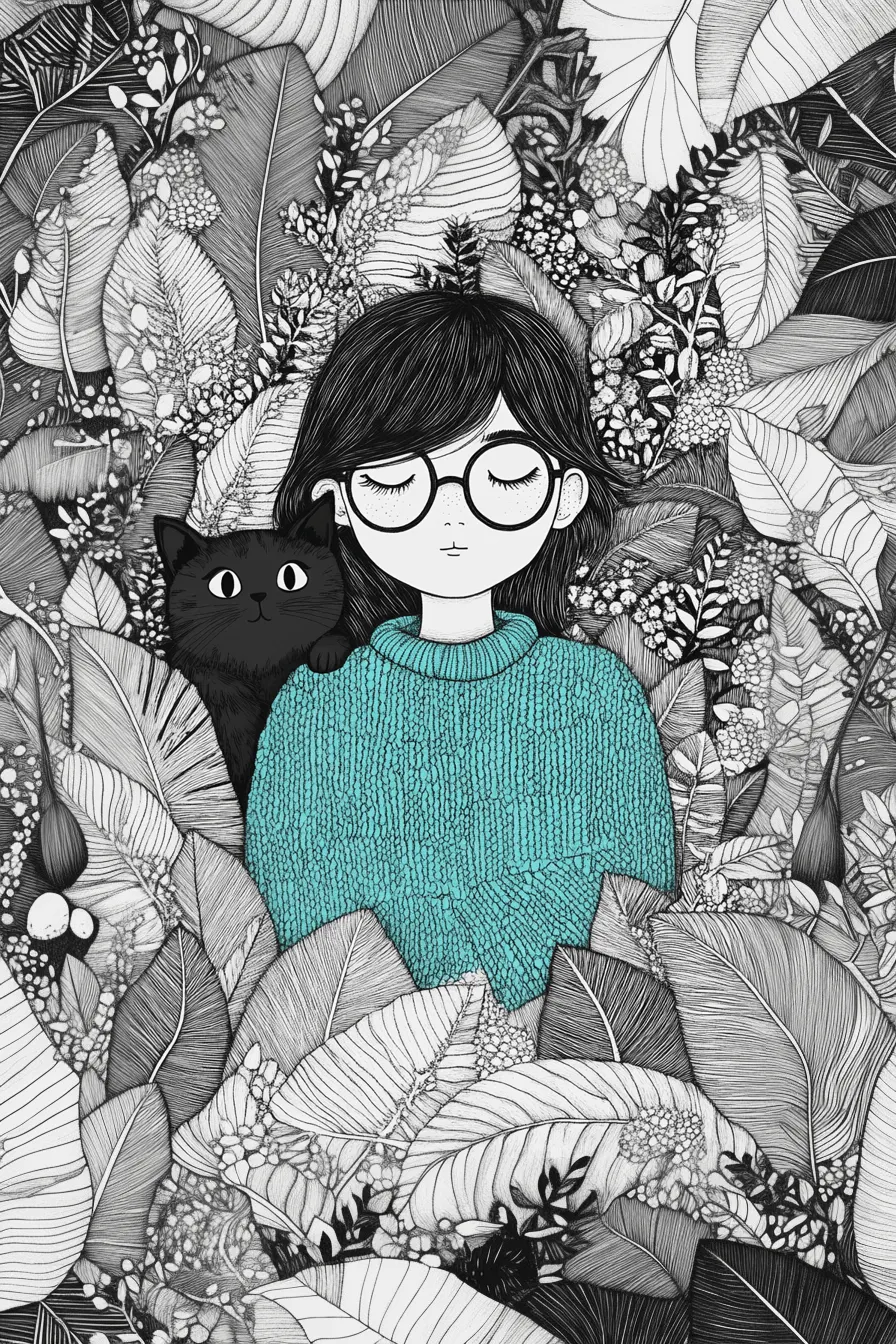 Illustration of a cute girl and cat