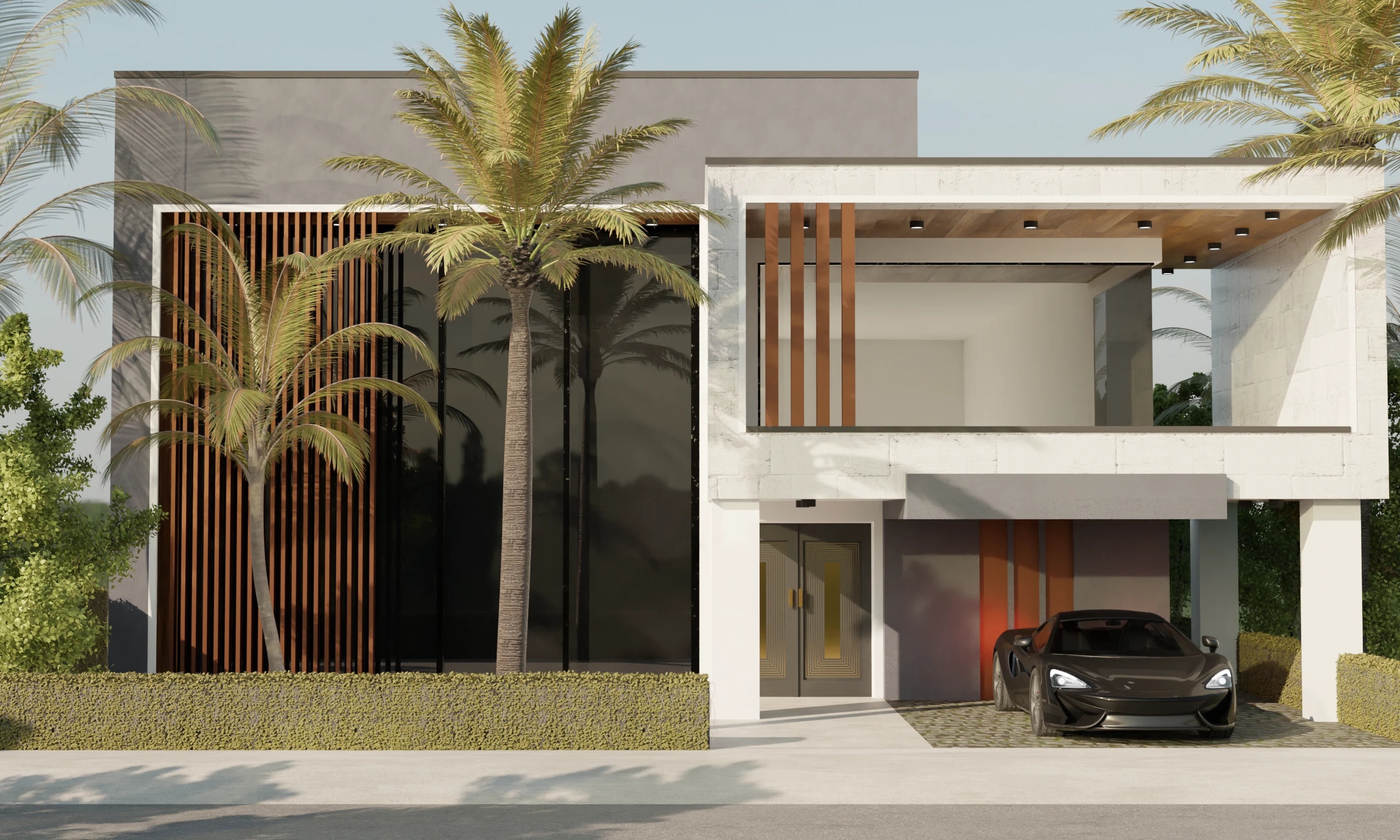 This modern architectural design showcases a luxurious two-story villa, modeled and rendered in Blender. The exterior features a sleek combination of concrete, wooden accents, and floor-to-ceiling glass panels, complemented by palm trees for a tropical ambiance. The open carport, housing a sports car, adds a touch of sophistication to the design, making it an ideal space for contemporary living.