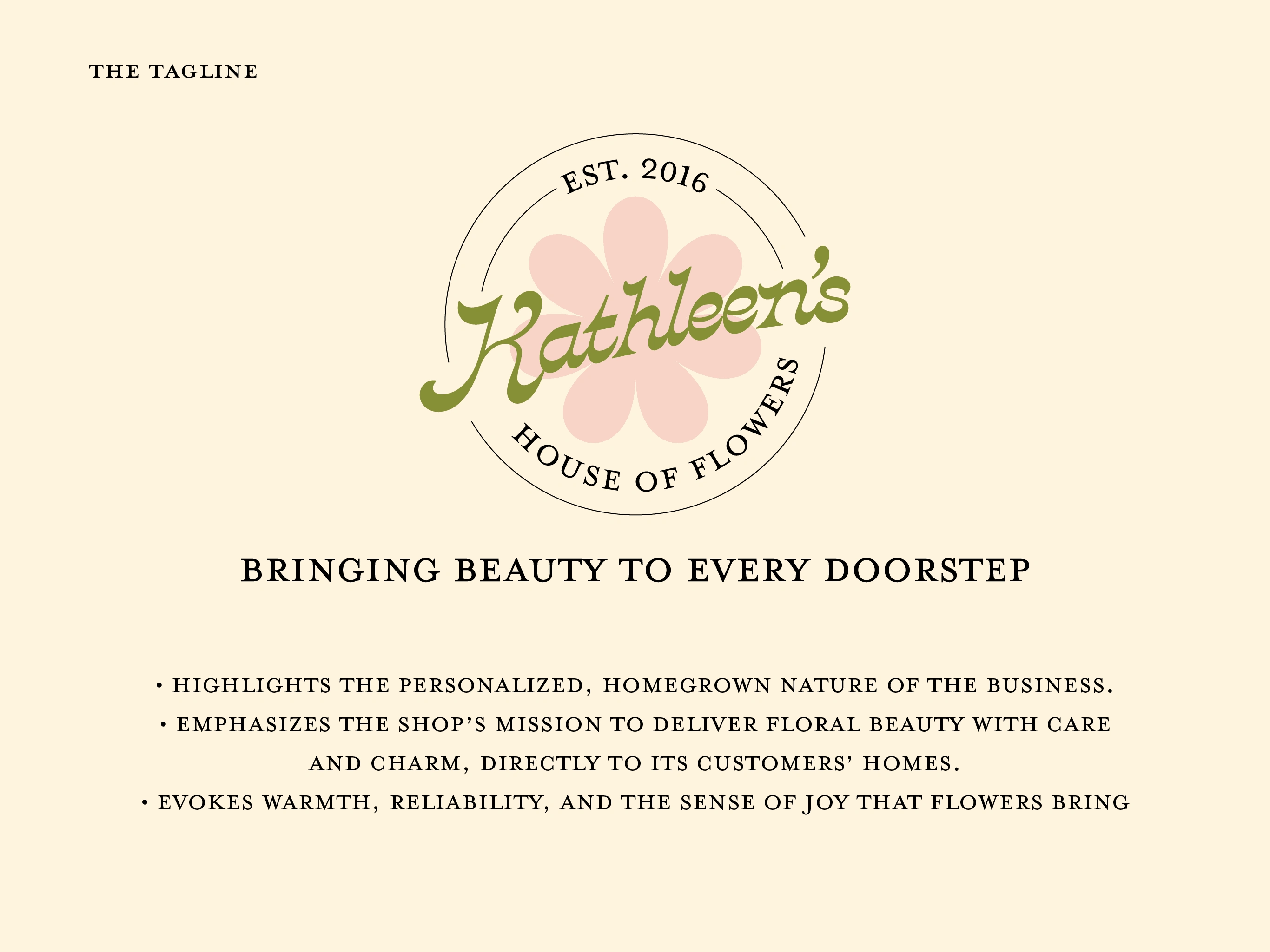 Kathleen’s tagline, ‘Bringing Beauty to Every Doorstep,’ crafted to reflect the brand’s mission of delivering floral elegance and joy to every customer.