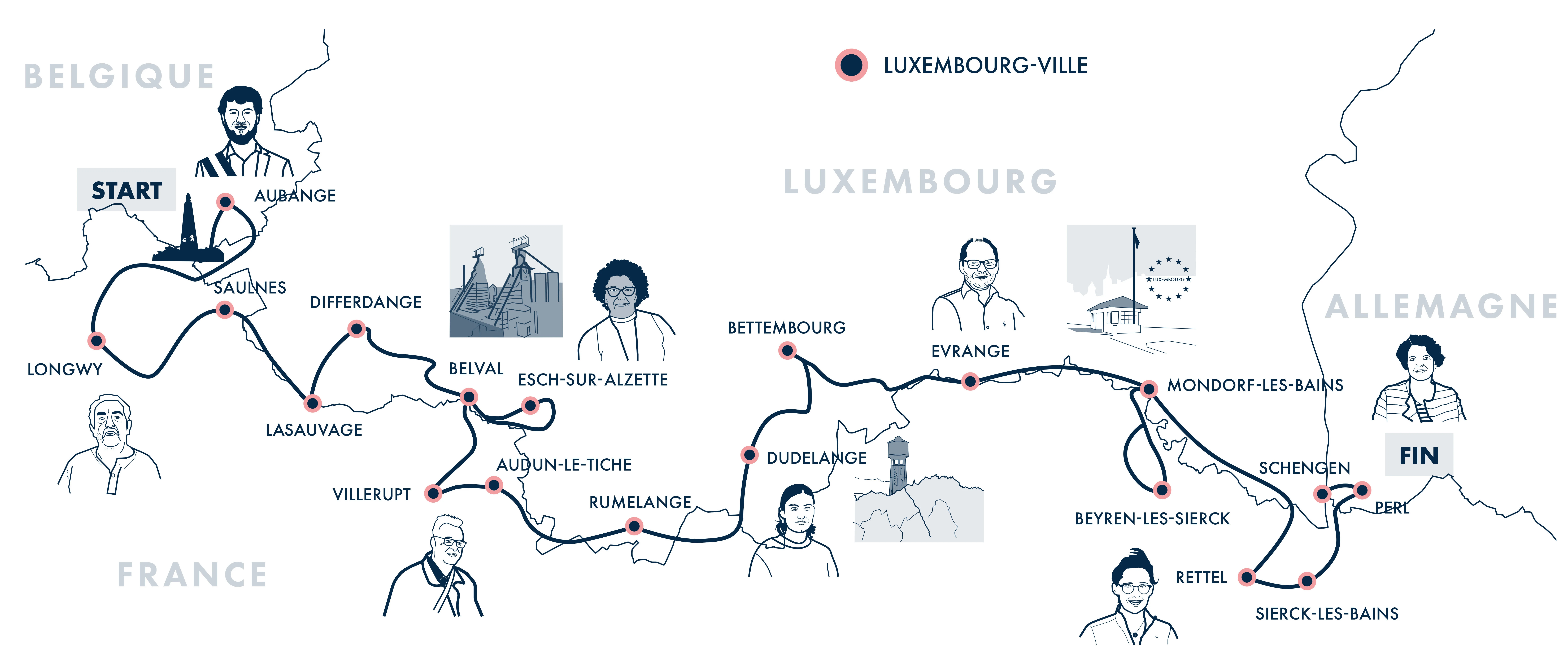 I've designed this map illustrating the route of the ethnographic investigation, showing locations and portraits of the people who were interviewed on the way. 