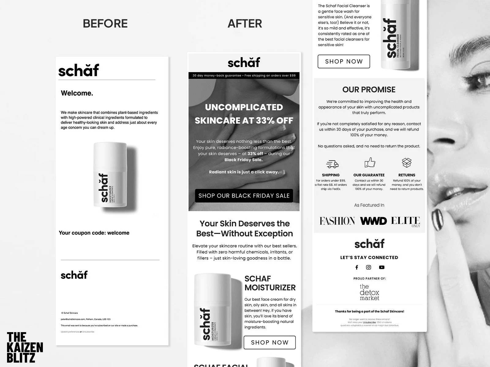 Before and After of Schaf Skincare's marketing emails