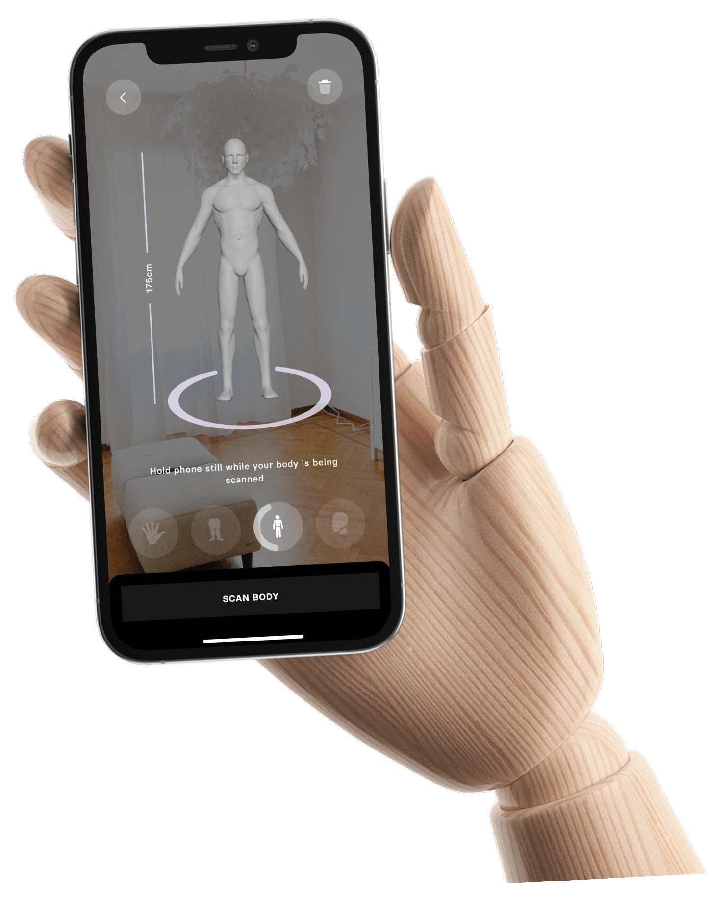 Image of a hand holding a phone with a display of the body scan feature for ThreadAR