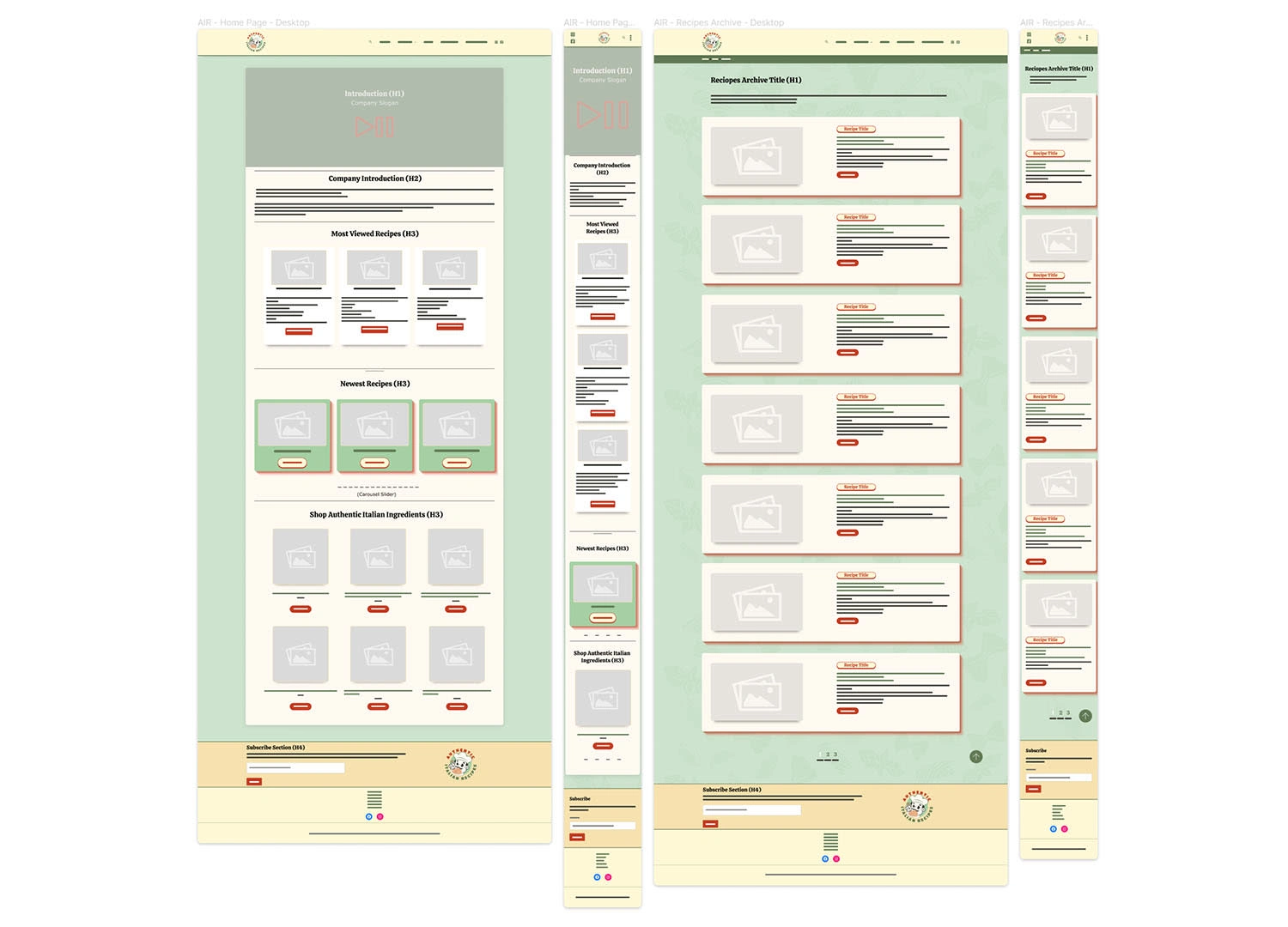 Initial Wireframes - Home Page and Recipes Archives - Desktop and Mobile Viewports - Authentic Italian Recipes