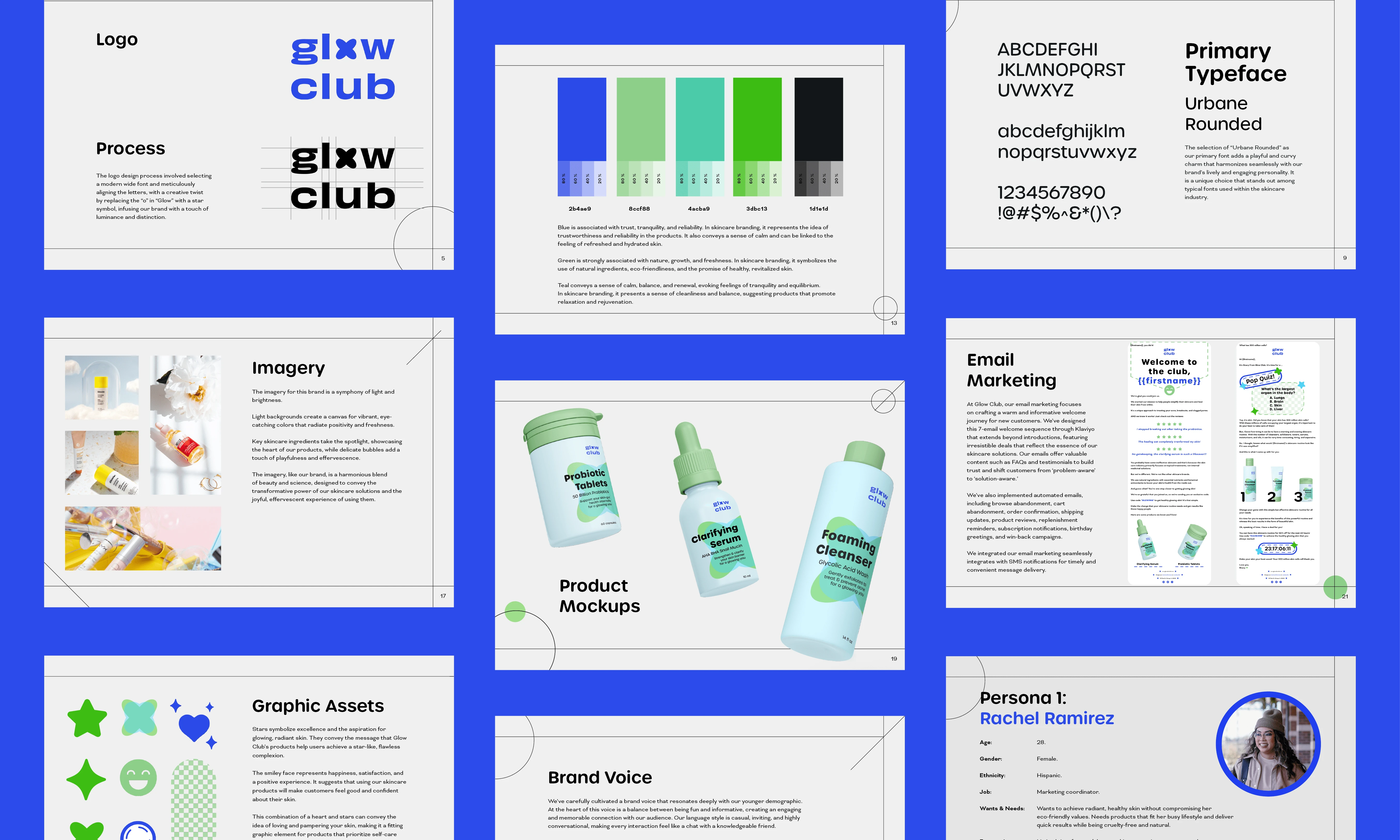 Here's a peek at some pages in GlowClub's final branding, strategy, and marketing guidelines. 