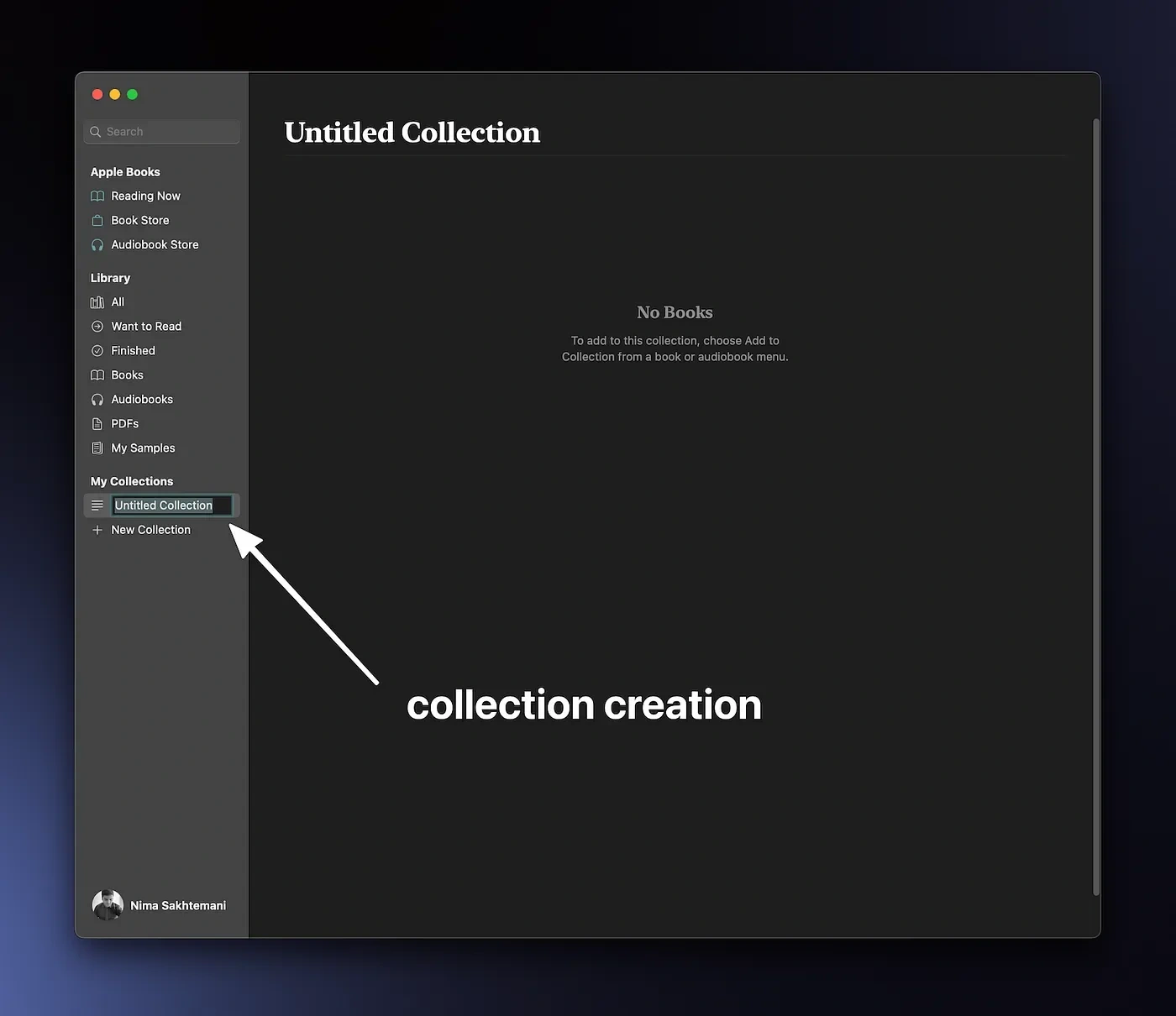 Screenshot of the Books apps showing Collection Creation