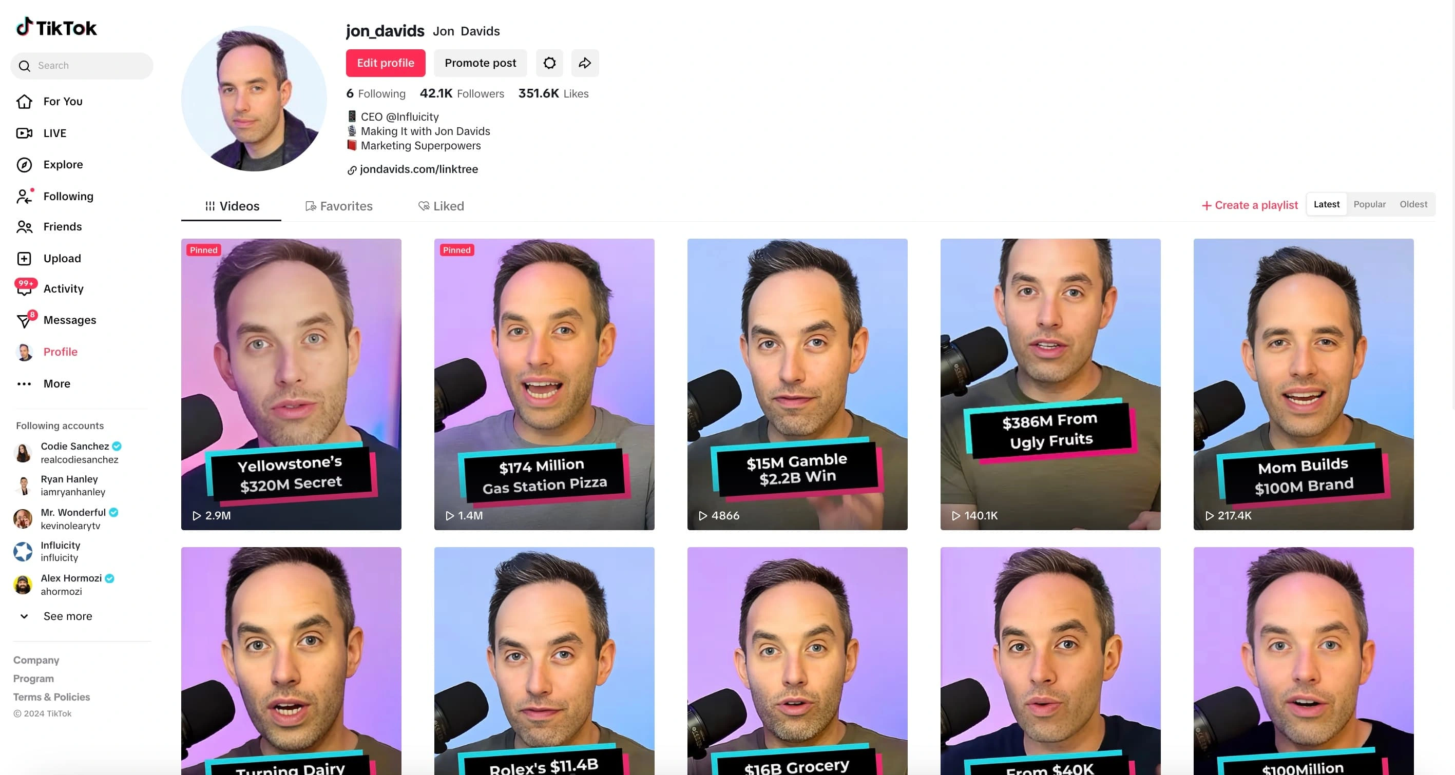 TikTok account of the client