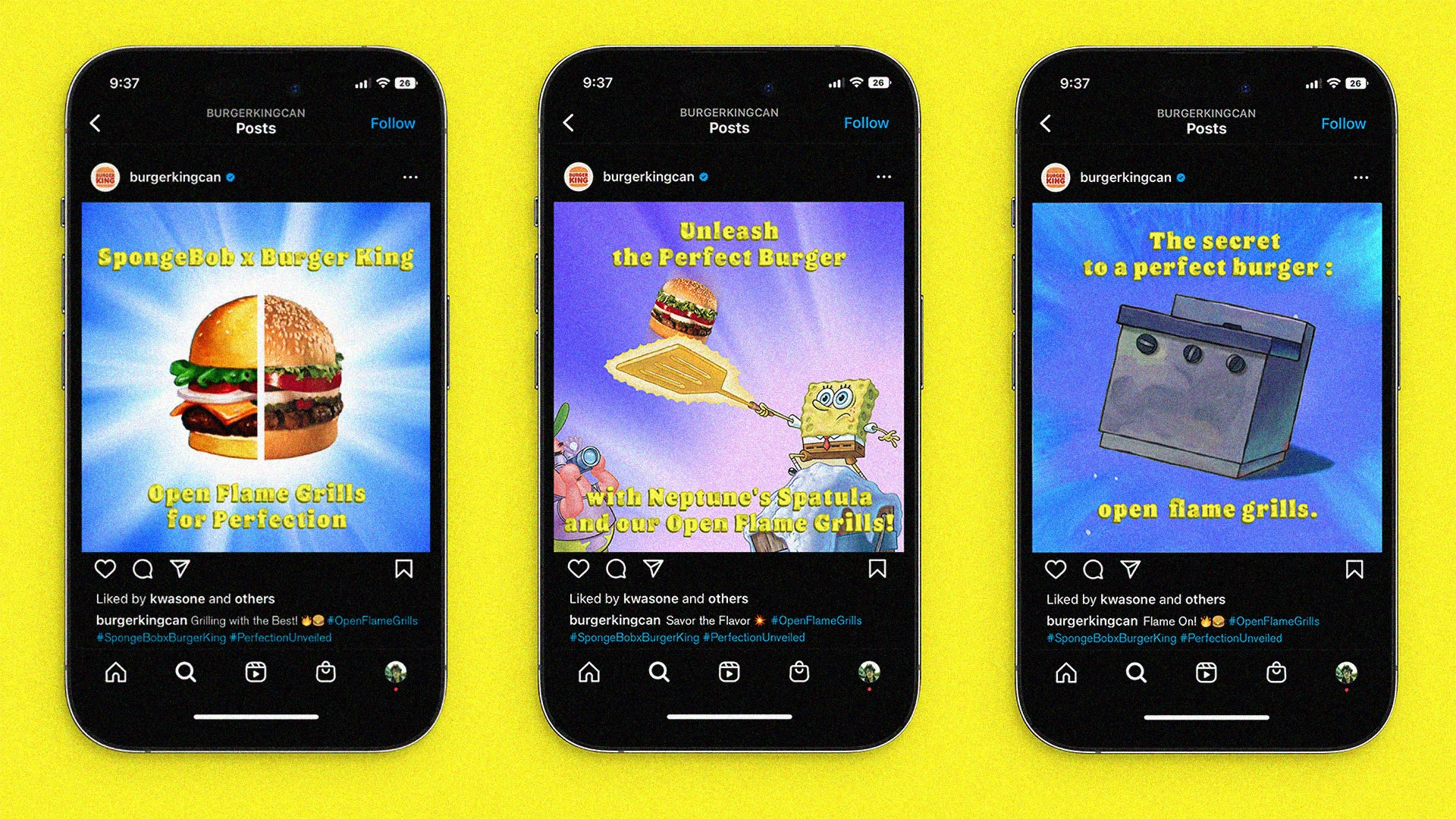 Visuals of SpongeBob having fun with Burger King's flame-grilled burgers with creative taglines can create engaging Instagram posts.