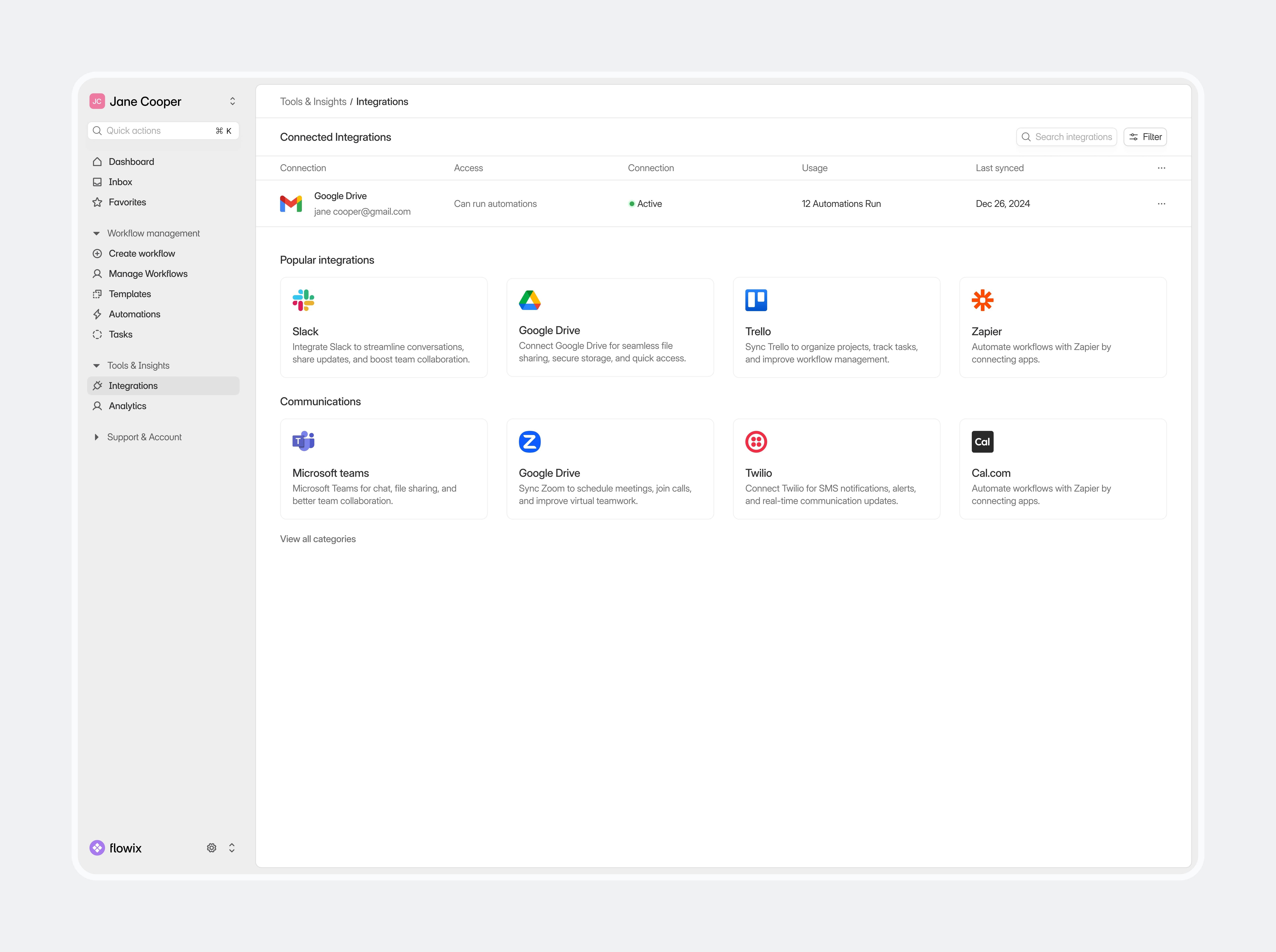 Workflow automation app integration screen