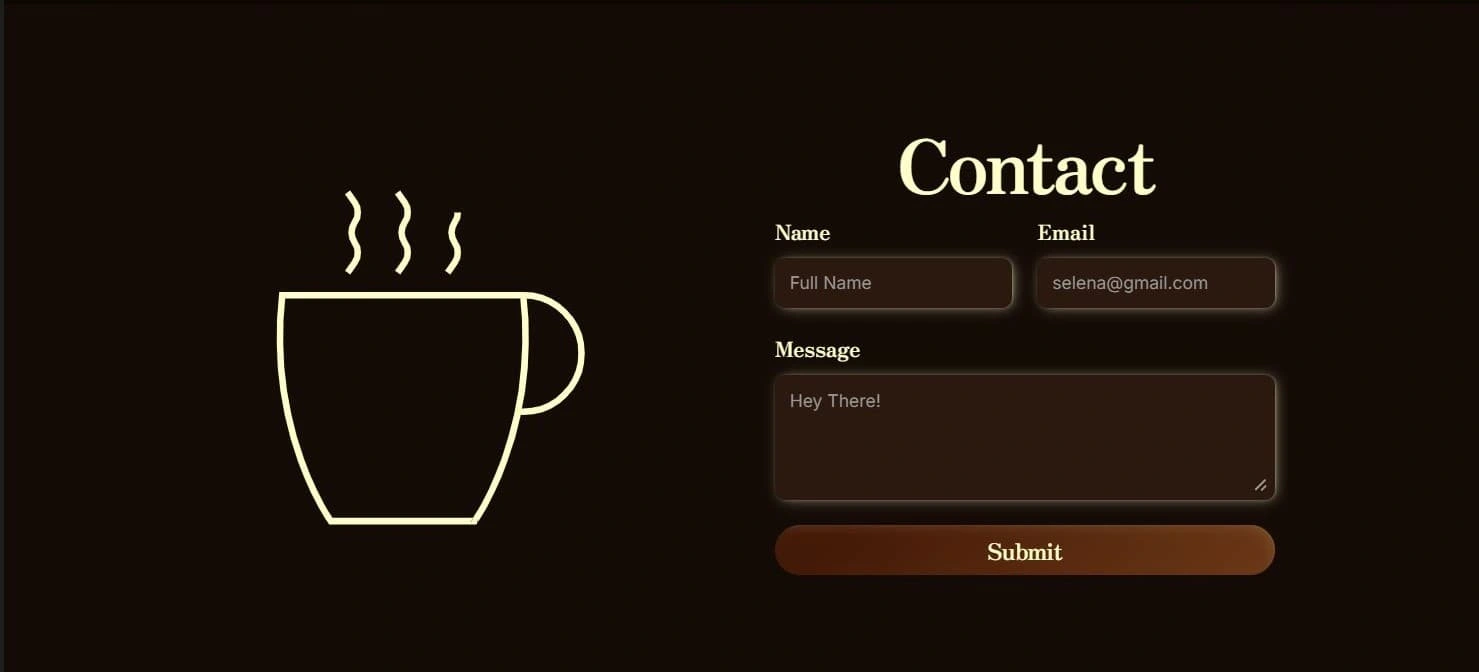 Interactive contact experience:
We designed an animated contact form that blends seamlessly with the user experience. A looping coffee cup animation adds a warm and inviting touch, reinforcing the brand’s essence while keeping the interaction engaging.
This dynamic approach makes the form visually appealing while ensuring a smooth, user-friendly process for booking or inquiries.
