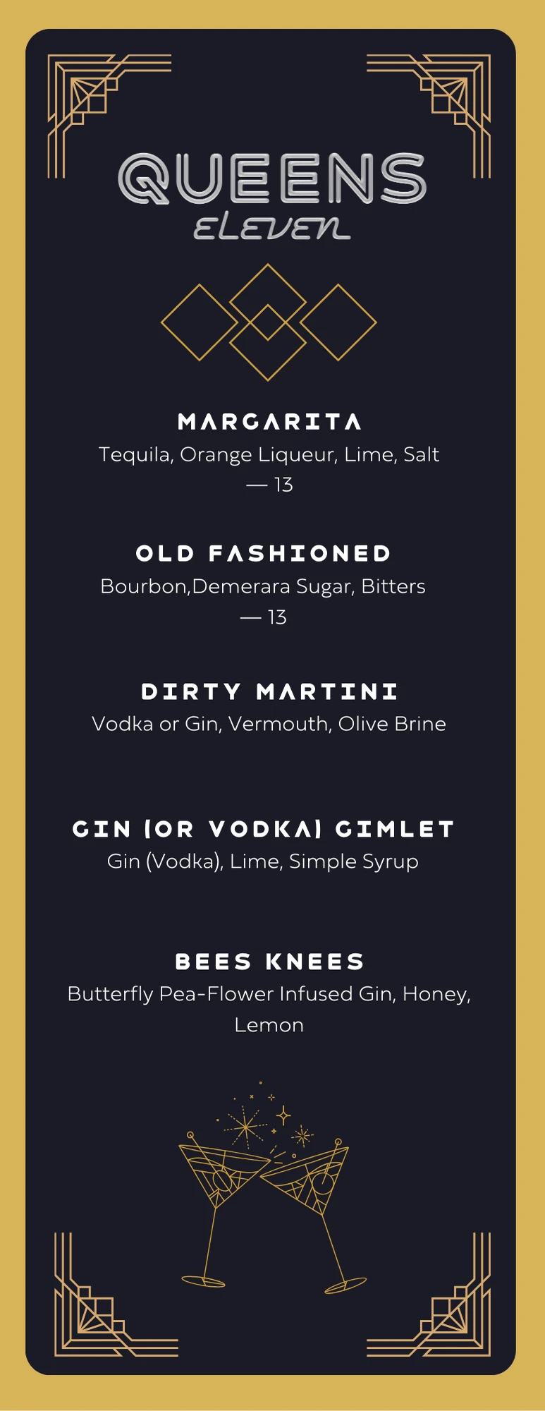 Menu for Private Birthday Party at Queen's Eleven