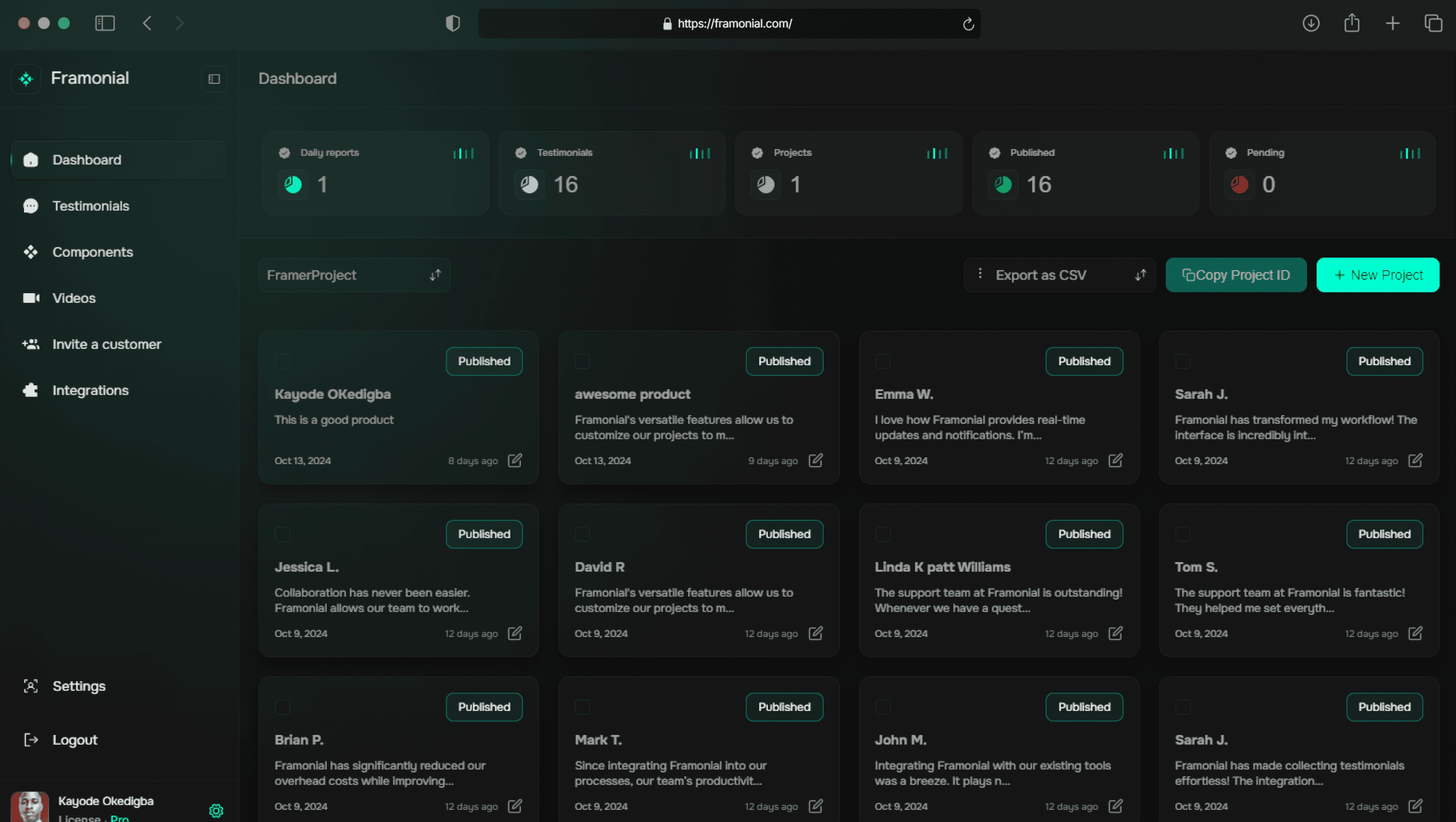 Framonial's dashboard