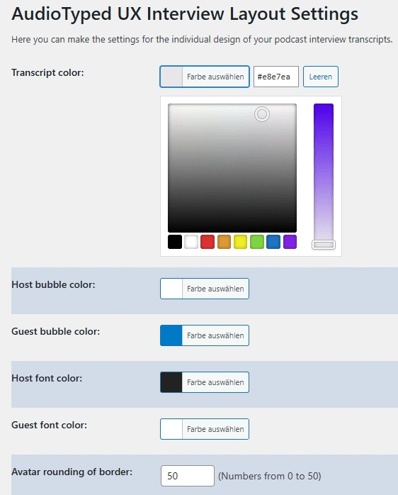 WordPress plugin settings for the colors of the speech bubbles, font color and much more.