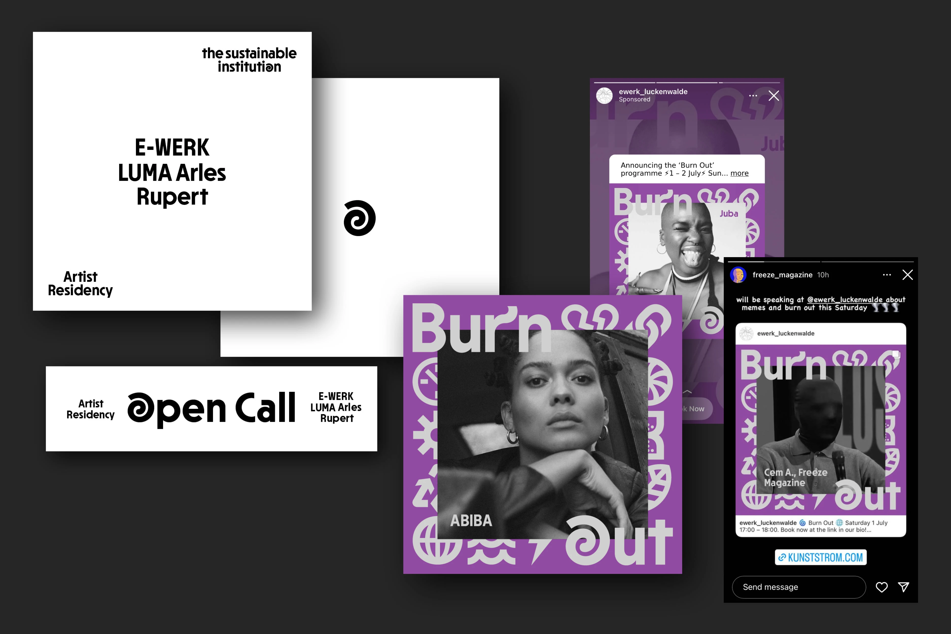 Online assets for the 'Residency Open Call' and 'Burn Out'