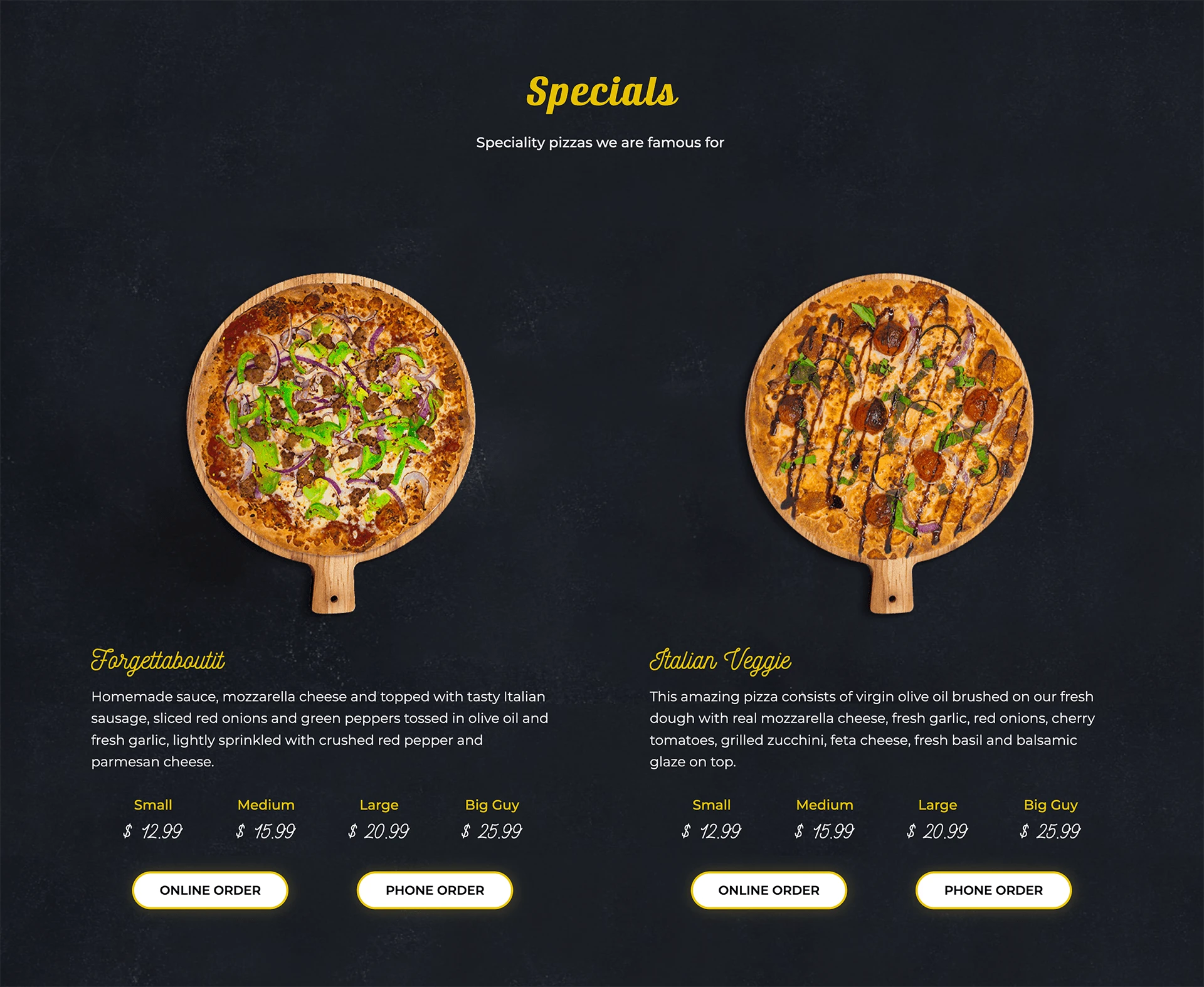 AFTER: Cenario's Pizza's optimized specialty menu section, redesigned with Webflow CMS and strategic UX principles for increased online orders and a premium user experience