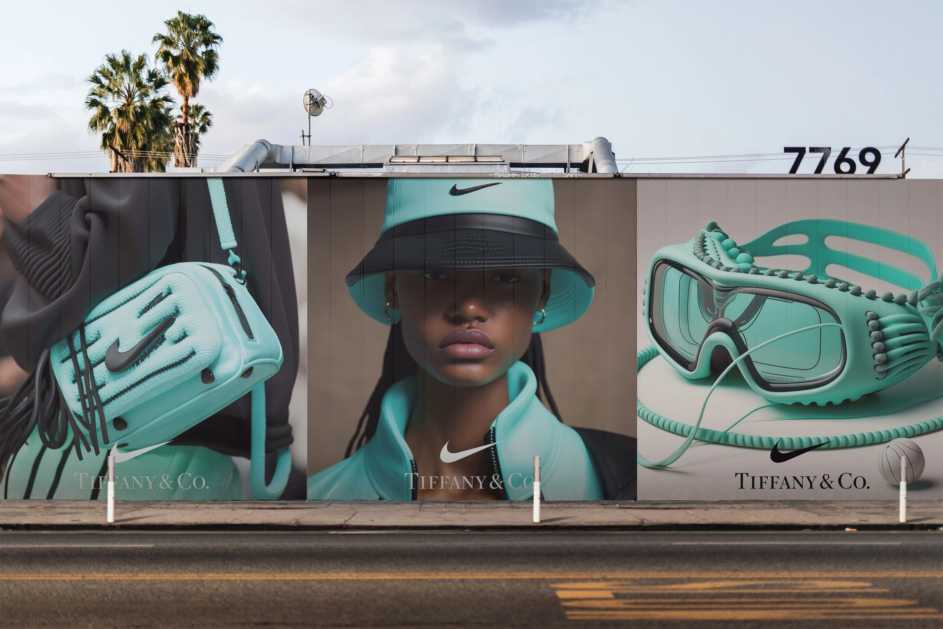 Billboard mockups with bag, hat, and glasses concepts