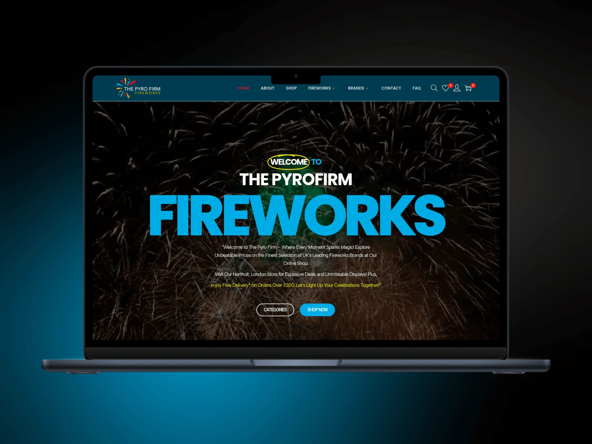 Discover the explosive power of The Pyro Firm Fireworks with this stunning WooCommerce homepage mockup displayed on a sleek MacBook.