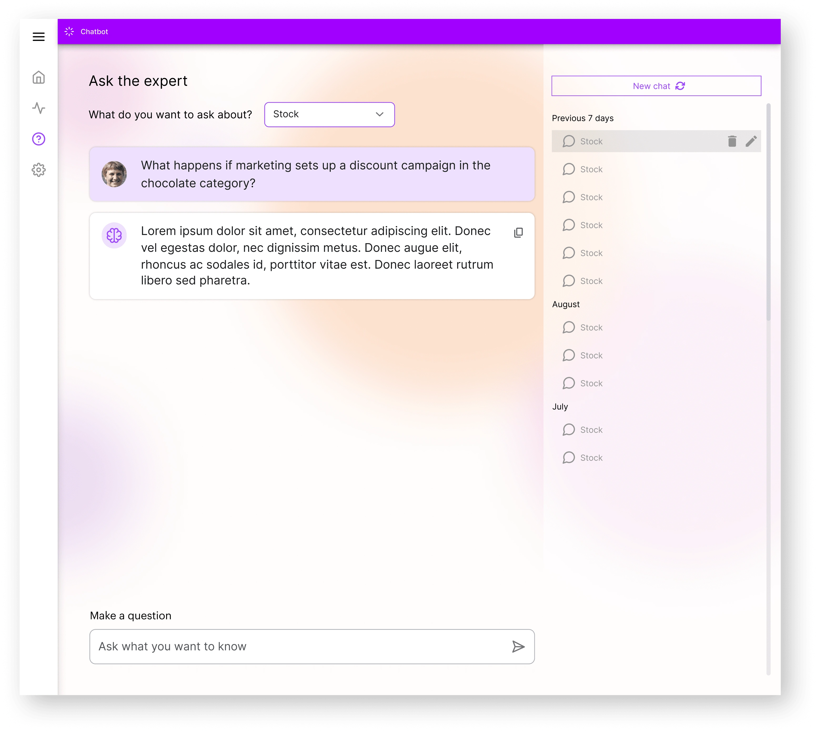 Additionally, I integrated a chat feature within the tool that allows users to interact with the model, ask specific questions about stock, metrics, seasonality, and more, retrieving answers based on historical data.