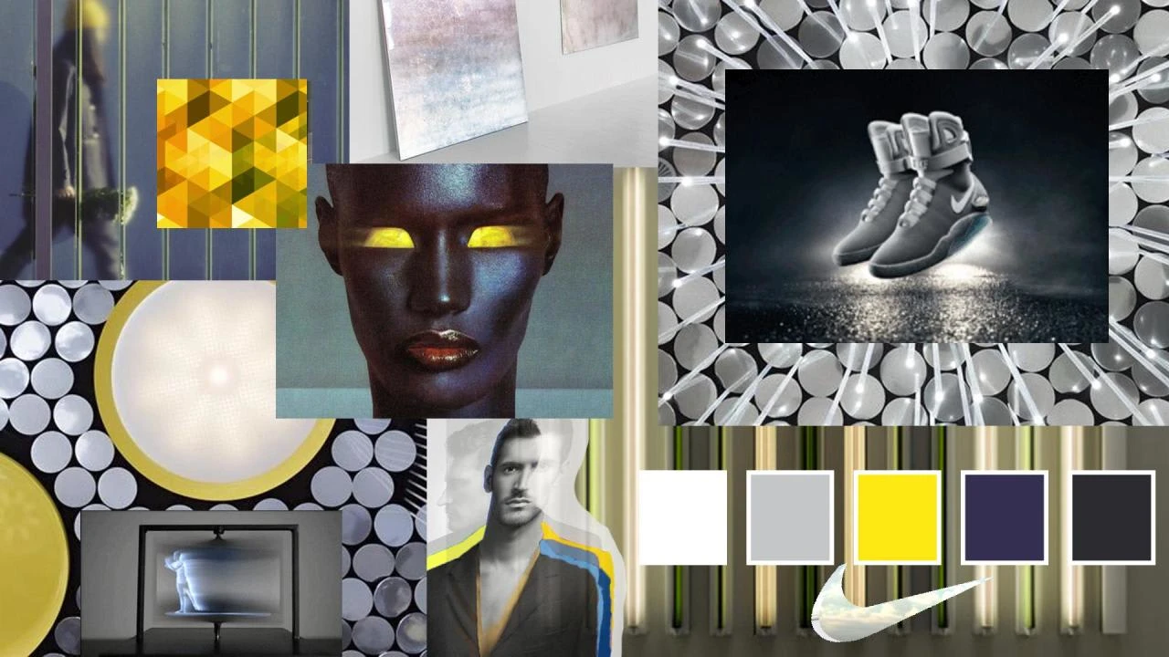 Task was to create digital mood board and color palette for the hypothetical design of the Nike MAG packaging, point-of-purchase display and creative branding. Further developed a GIF of the mood board for a more "futuristic" effect.