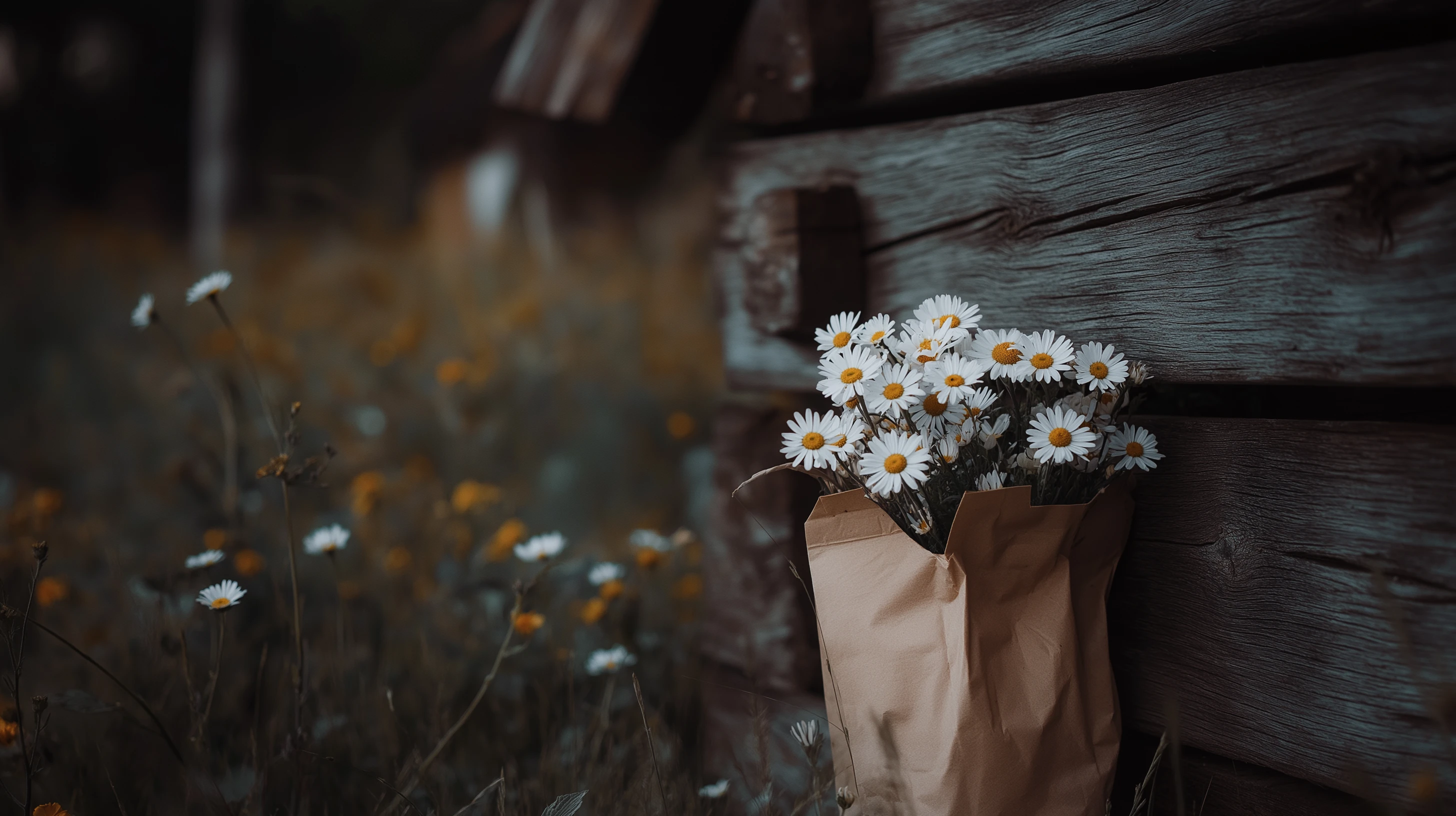  a wooden cabin wall with a paper bag filled with daisies