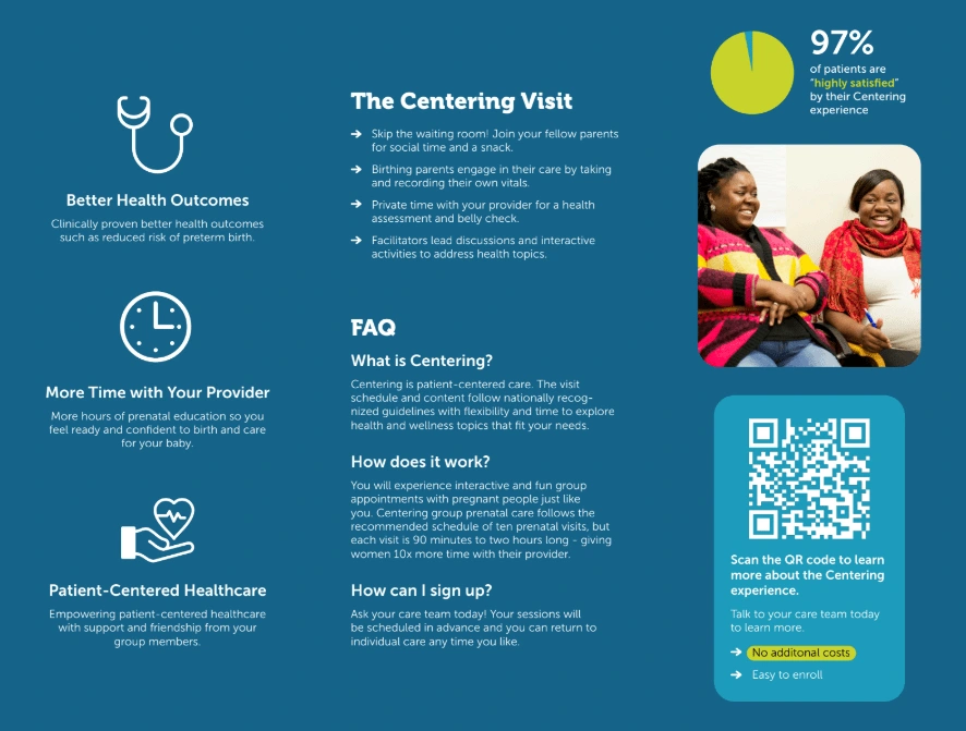 Brochure for clients to put in their clinic to spark pregnant patients' interest in Centering