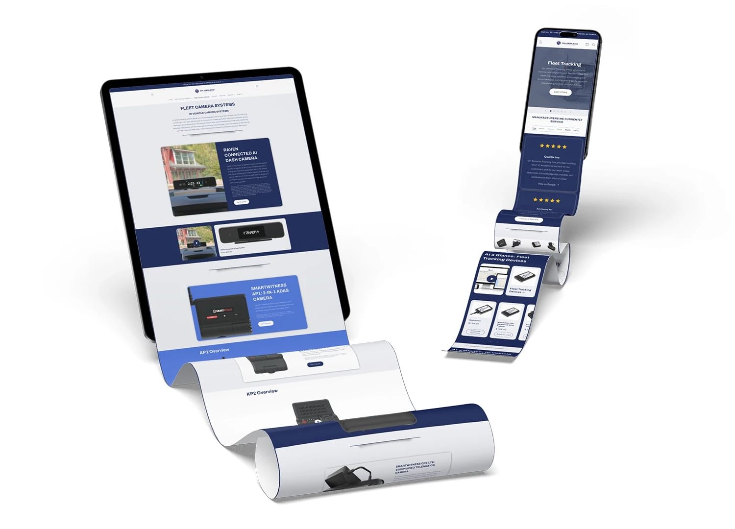 Long-scroll device mockups - Home Page and In-Vehicle Camera Systems Page - On Demand Tracking