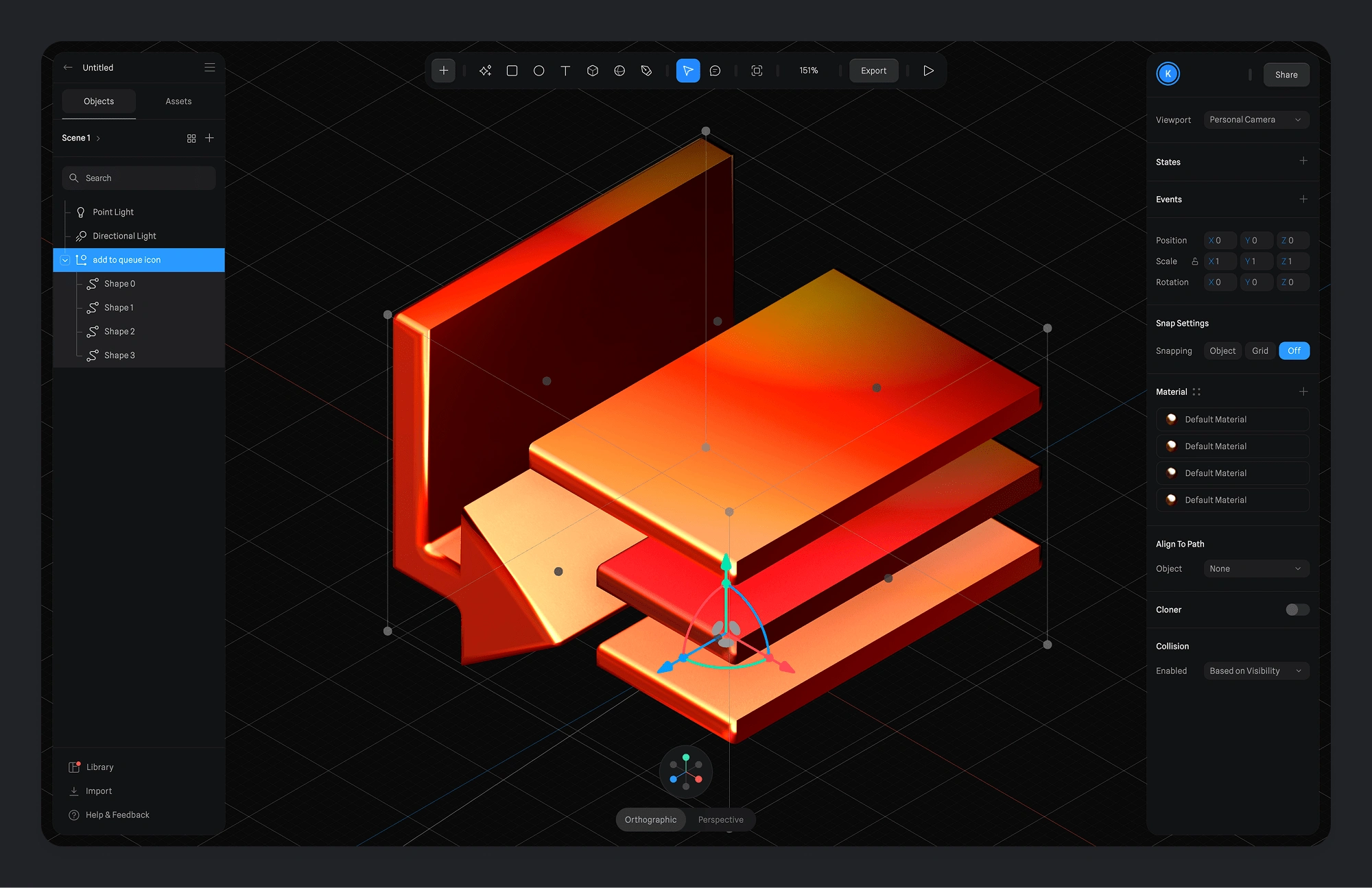 Spline interface with the project file for the 3D model of the add-to-queue icon.