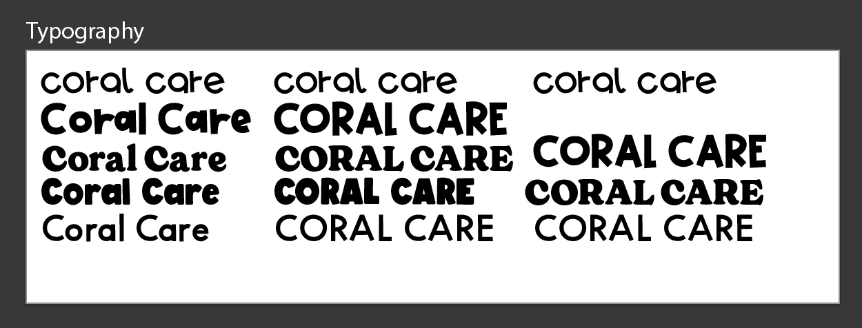 Screenshot of an artboard filled with the different fonts chosen for Coral Care's logo