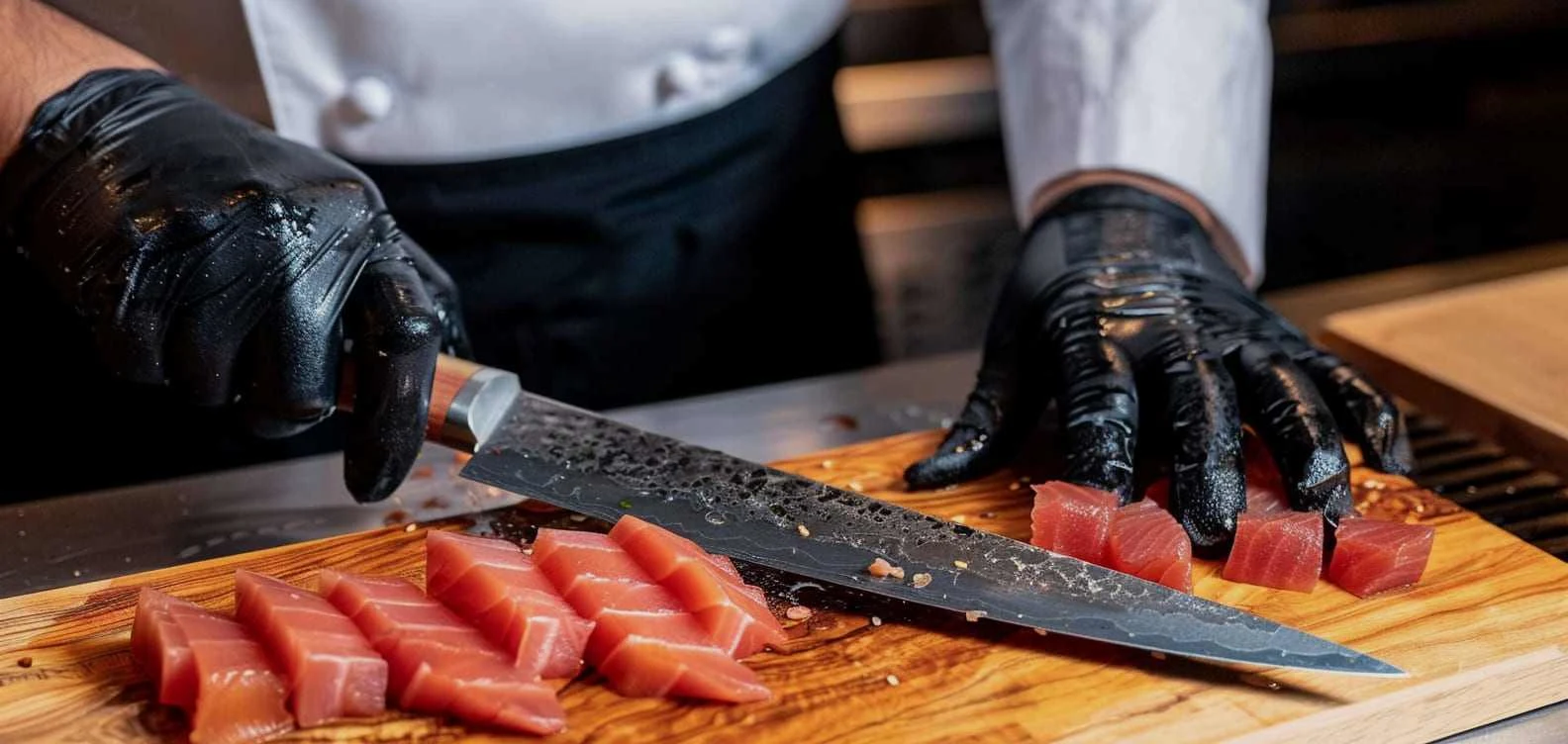 Fully AI-generated close-up image of a chef's hand slicing fish, designed to emphasize the brand's dedication to craftsmanship.